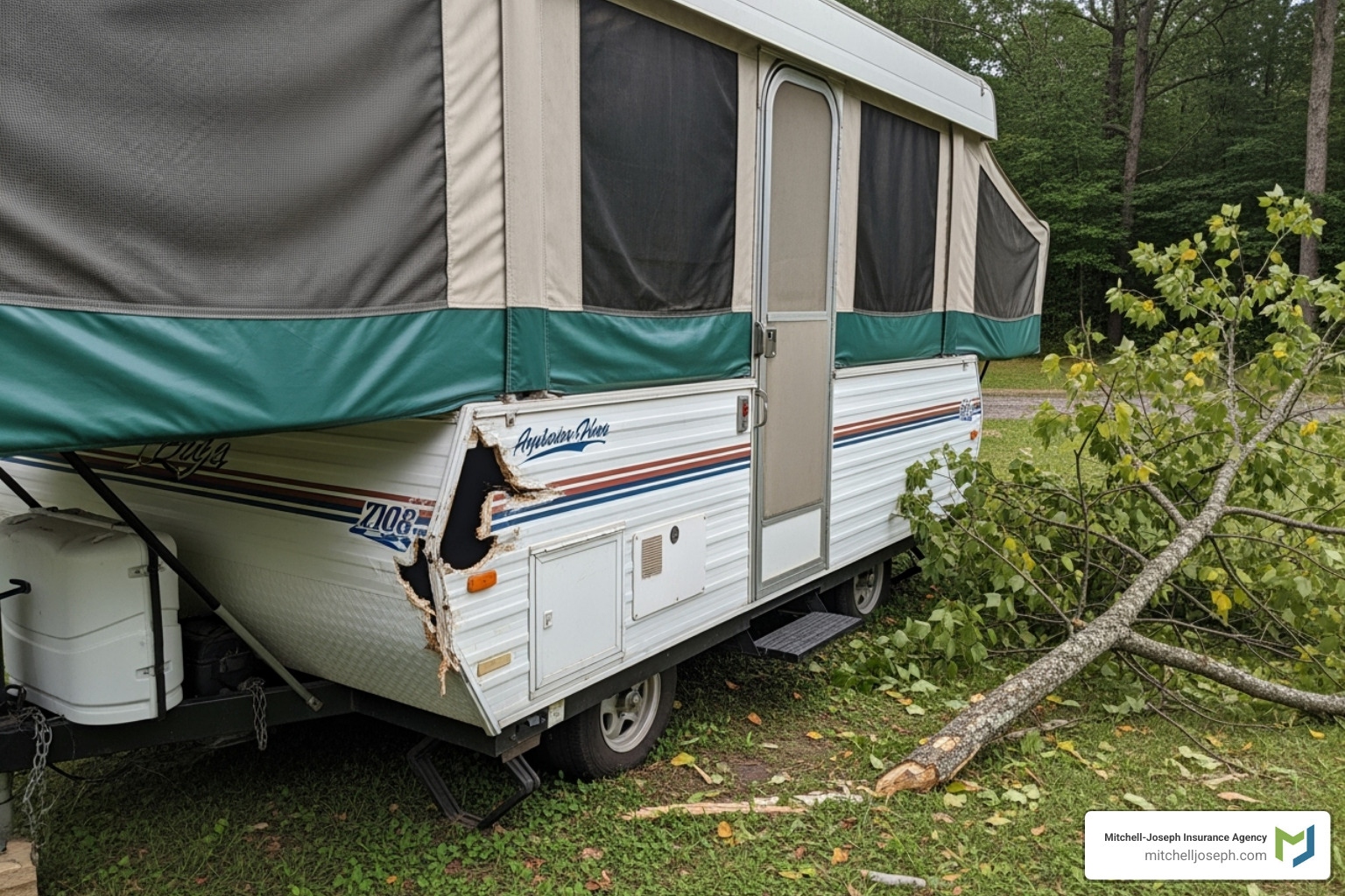 a pop-up camper with minor damage from a fallen tree branch - pop up insurance coverage a pop-up camper with minor damage from a fallen tree branch - pop up insurance coverage