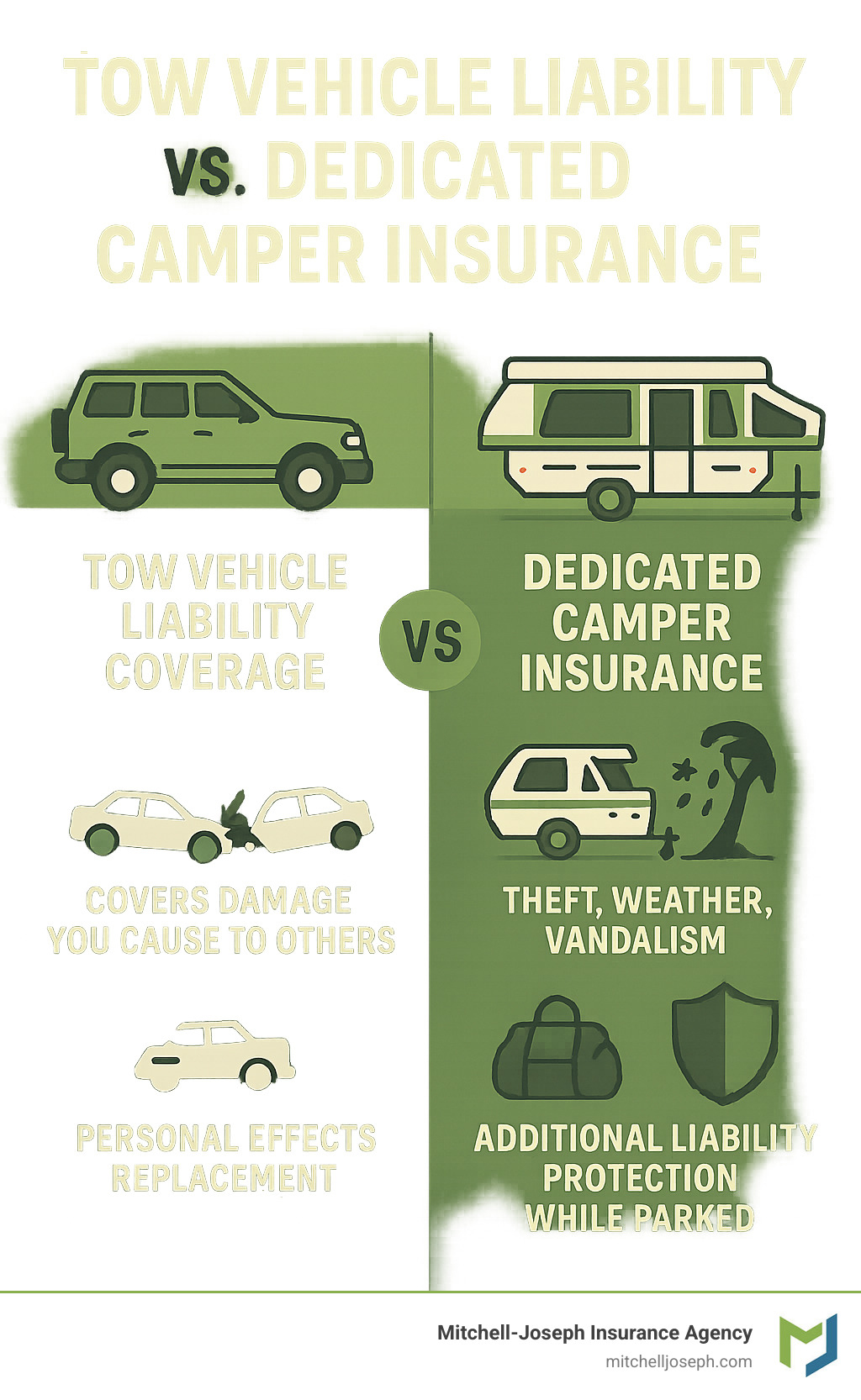 Comprehensive infographic showing the difference between tow vehicle liability coverage (covers damage you cause to others) versus dedicated camper insurance (covers collision damage to your camper, comprehensive coverage for theft/weather/vandalism, personal effects replacement, and additional liability protection while parked) - pop up insurance coverage infographic Comprehensive infographic showing the difference between tow vehicle liability coverage (covers damage you cause to others) versus dedicated camper insurance (covers collision damage to your camper, comprehensive coverage for theft/weather/vandalism, personal effects replacement, and additional liability protection while parked) - pop up insurance coverage infographic