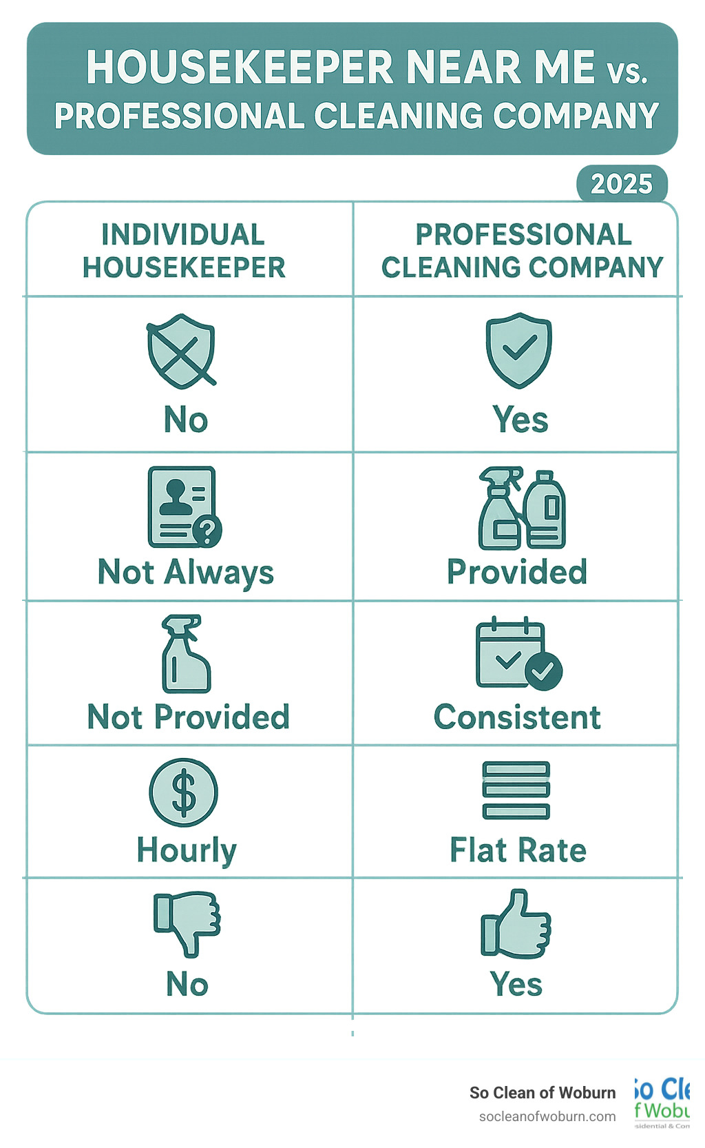 Comprehensive comparison chart showing the differences between hiring an individual housekeeper versus a professional cleaning company, including factors like insurance coverage, background checks, supplies provided, reliability, cost structure, and service guarantees - housekeeper near me infographic 