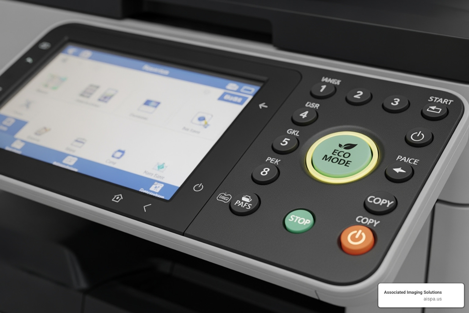 copier control panel highlighting eco-mode button - eco-friendly copiers