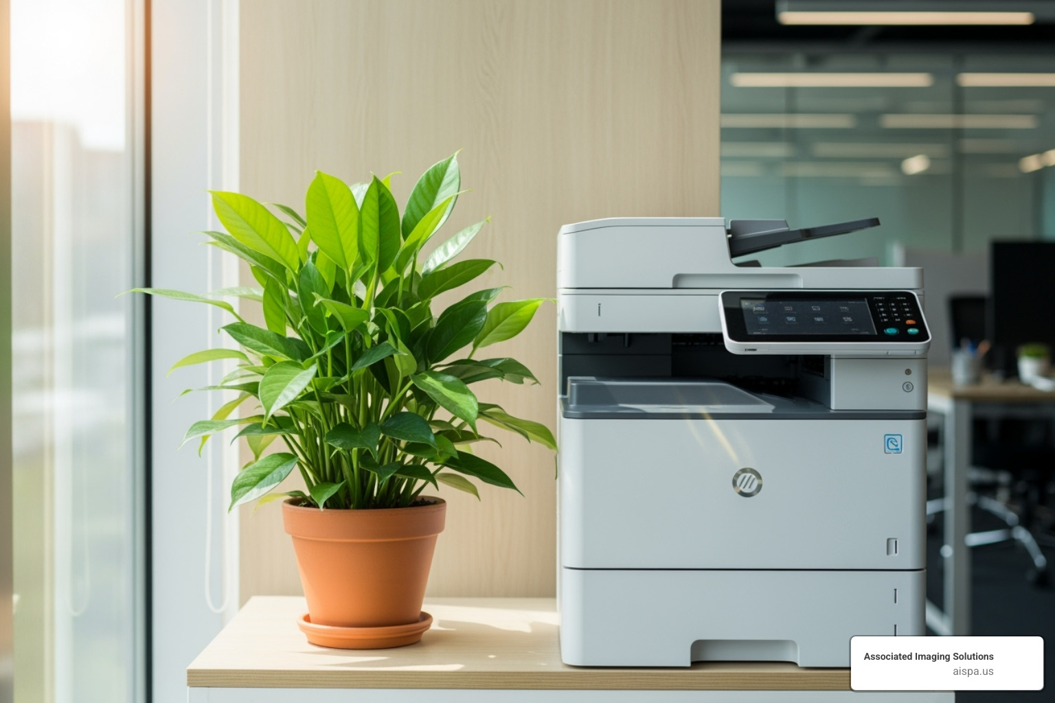 thriving green plant next to printer - eco-friendly copiers