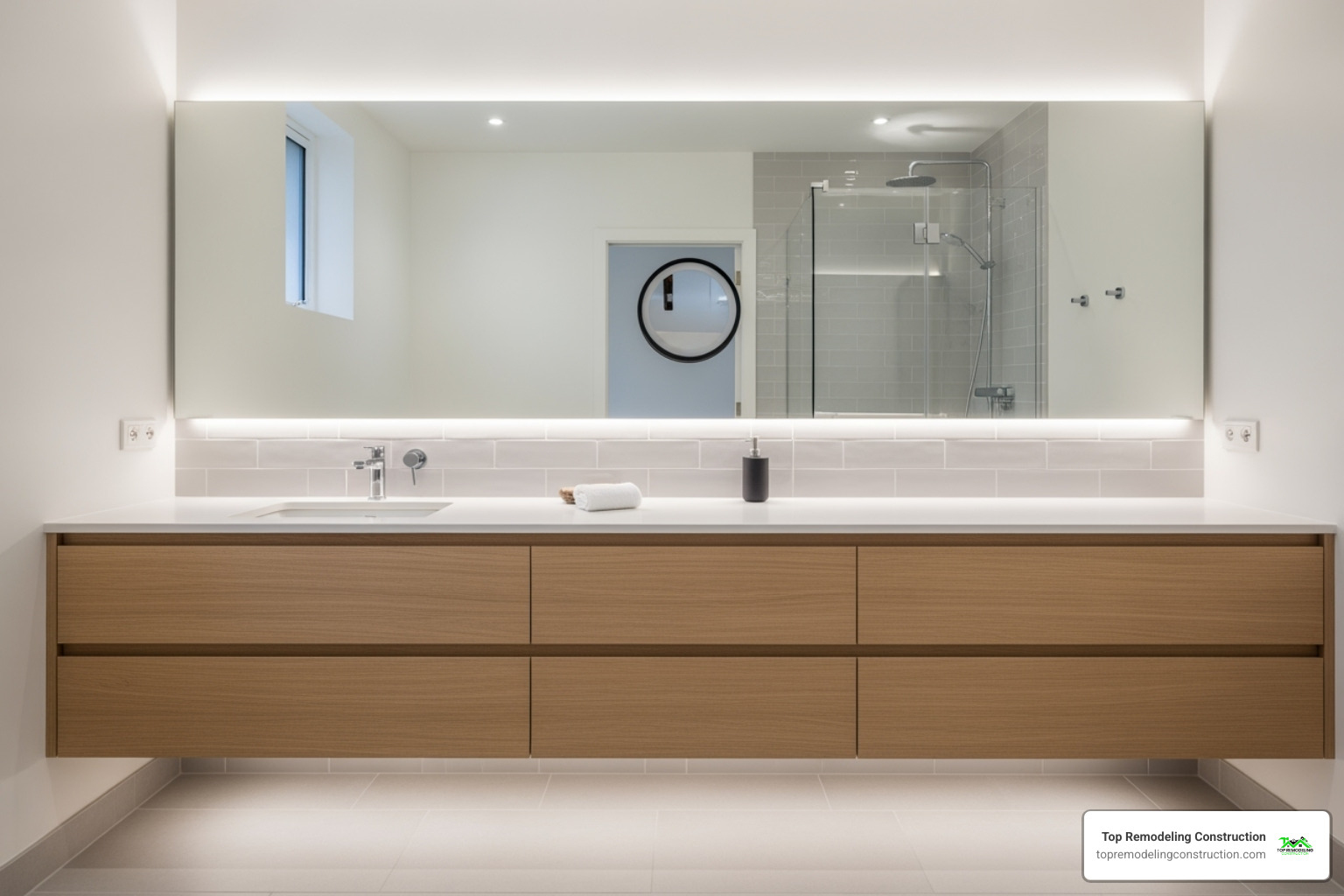 Image of a small but stylish modern bathroom with a floating vanity and large mirror - Modern bathroom designs Image of a small but stylish modern bathroom with a floating vanity and large mirror - Modern bathroom designs