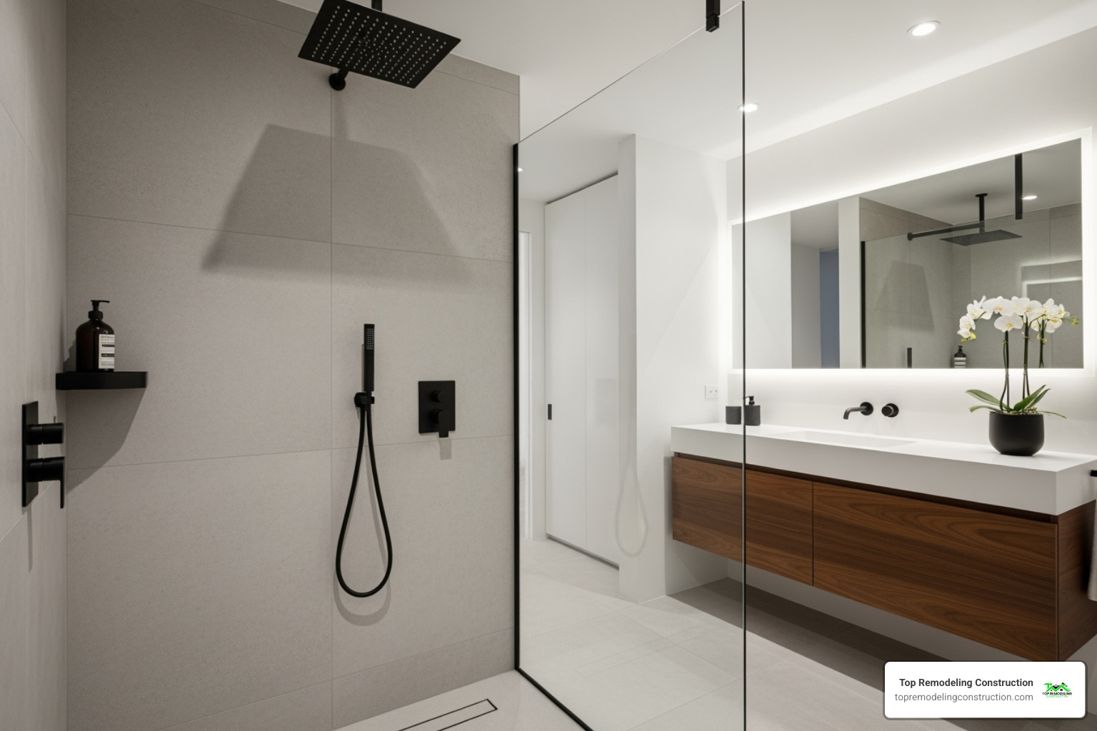Image of a modern walk-in shower with a rainfall showerhead and matte black fixtures - Modern bathroom designs Image of a modern walk-in shower with a rainfall showerhead and matte black fixtures - Modern bathroom designs