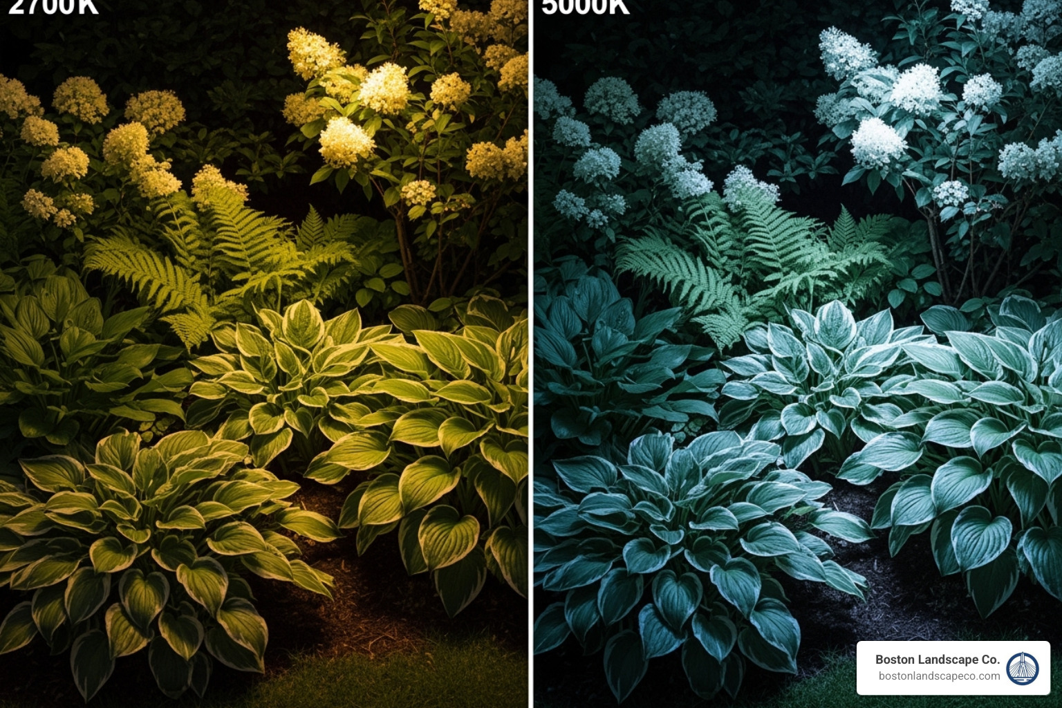 image comparing the visual effect of warm white (2700K) vs. cool white (5000K) light on garden foliage - backyard lighting ideas