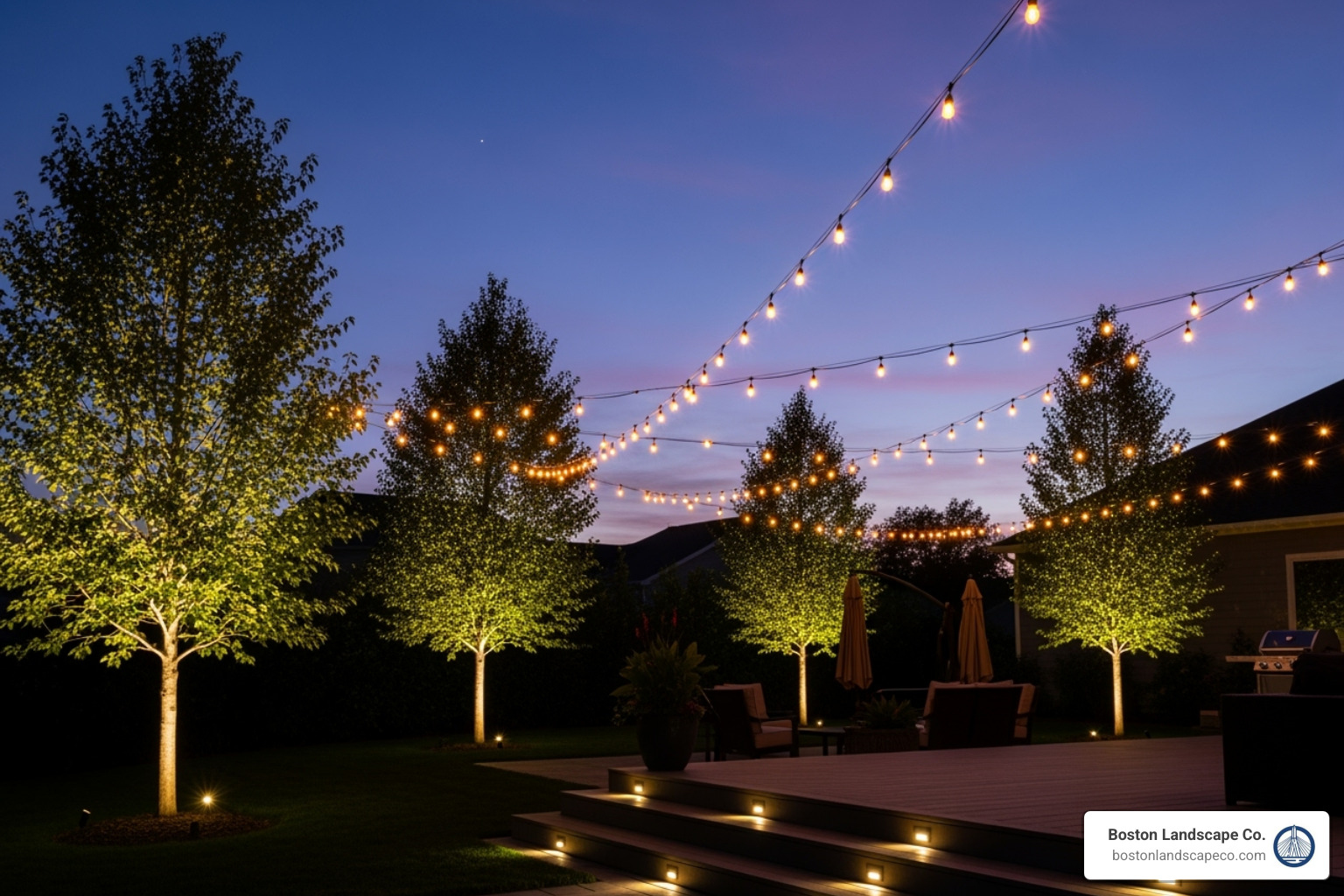 a backyard with layered lighting, including string lights over a patio, uplighting on trees, and step lights on a deck - backyard lighting ideas
