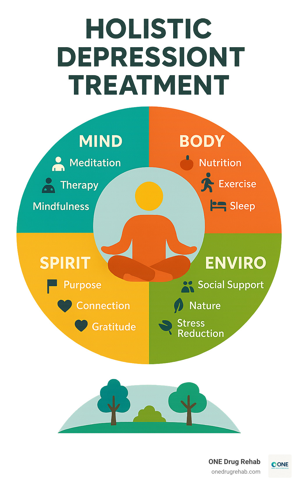 Infographic showing the four pillars of holistic depression treatment: Mind (meditation, therapy, mindfulness), Body (nutrition, exercise, sleep), Spirit (purpose, connection, gratitude), and Environment (social support, nature, stress reduction) all connected around a central figure representing whole-person wellness - holistic depression treatment infographic 