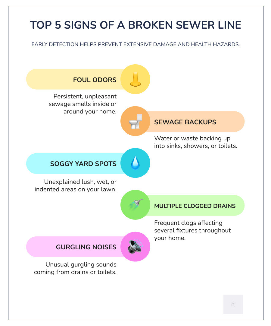 Infographic explaining the top 5 signs of a broken sewer line - What to Do If You Have a Broken Sewer Pipe infographic infographic-line-5-steps-colors