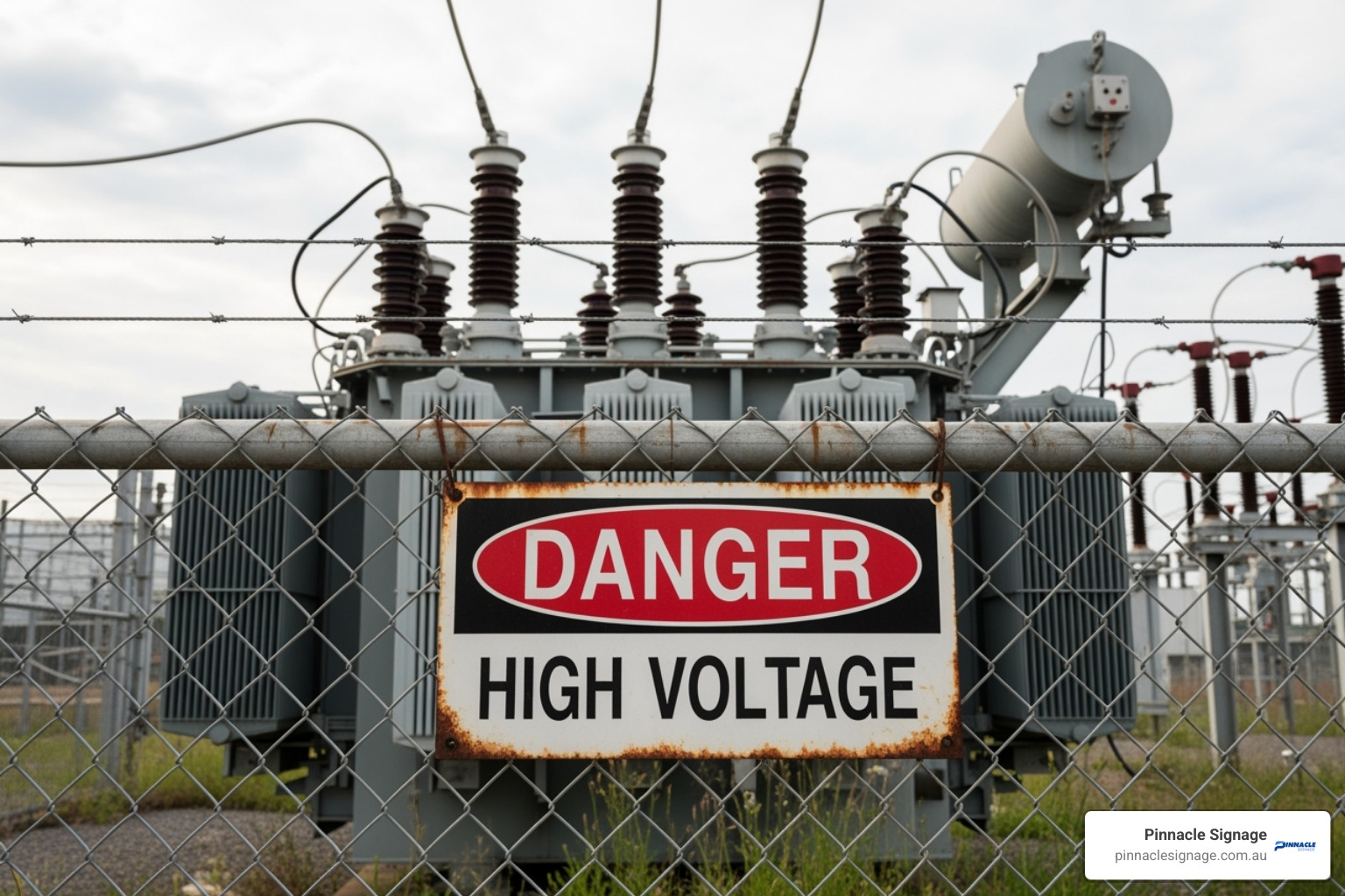 Danger High Voltage sign next to a transformer - Electrical safety signs Danger High Voltage sign next to a transformer - Electrical safety signs