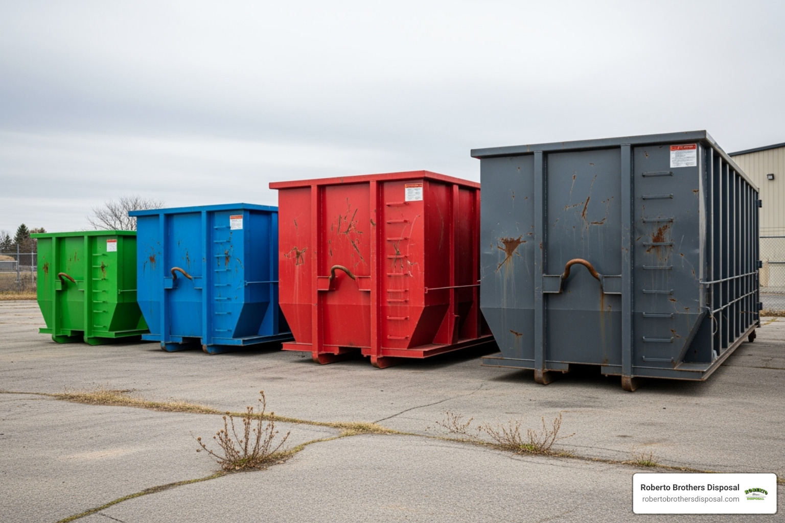 four different-sized dumpsters lined up for comparison - local dumpster companies four different-sized dumpsters lined up for comparison - local dumpster companies