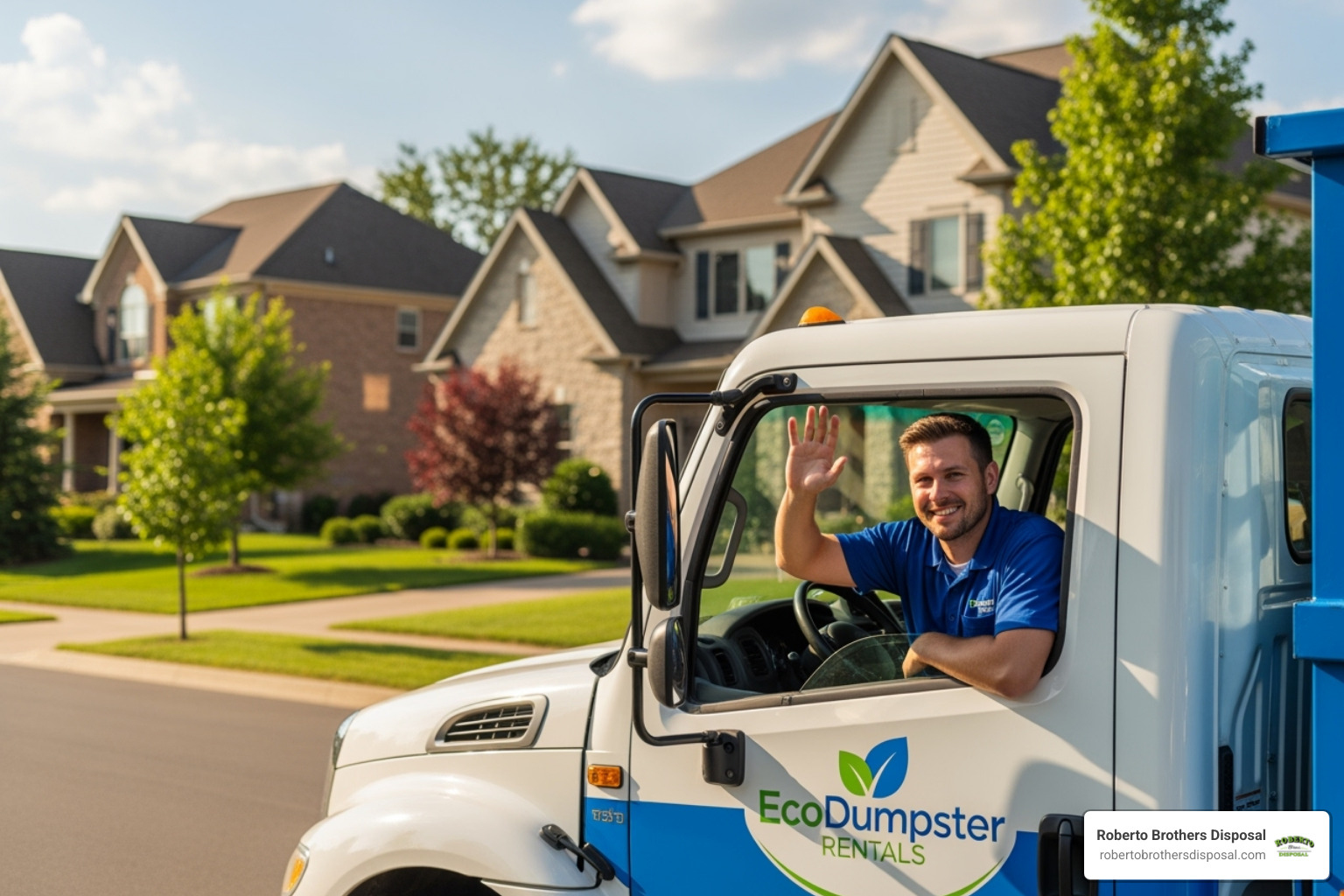 friendly, local dumpster company truck in a neighborhood setting - local dumpster companies friendly, local dumpster company truck in a neighborhood setting - local dumpster companies