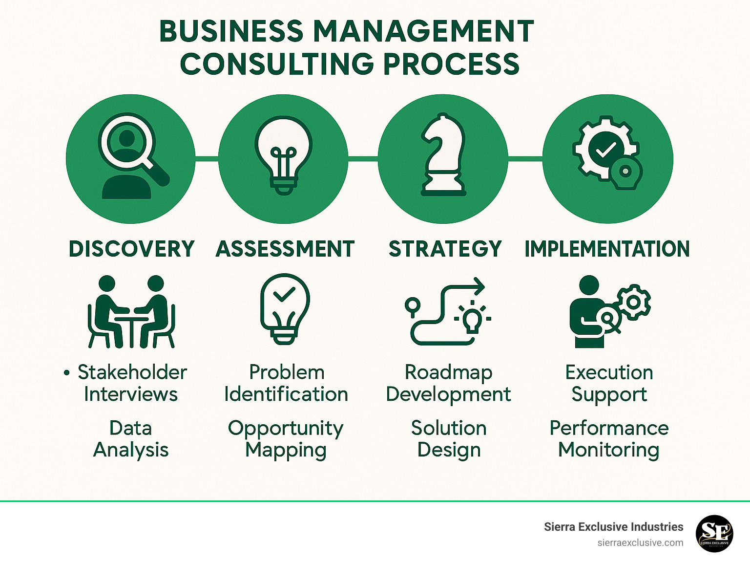 Infographic showing the business management consulting process: Findy phase with stakeholder interviews and data analysis, Assessment phase with problem identification and opportunity mapping, Strategy phase with roadmap development and solution design, and Implementation phase with execution support and performance monitoring - business management consultant infographic 