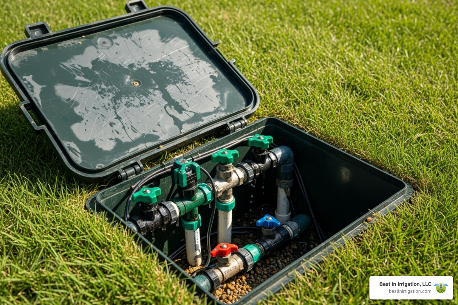 open sprinkler valve box showing multiple valves - yard sprinkler repair