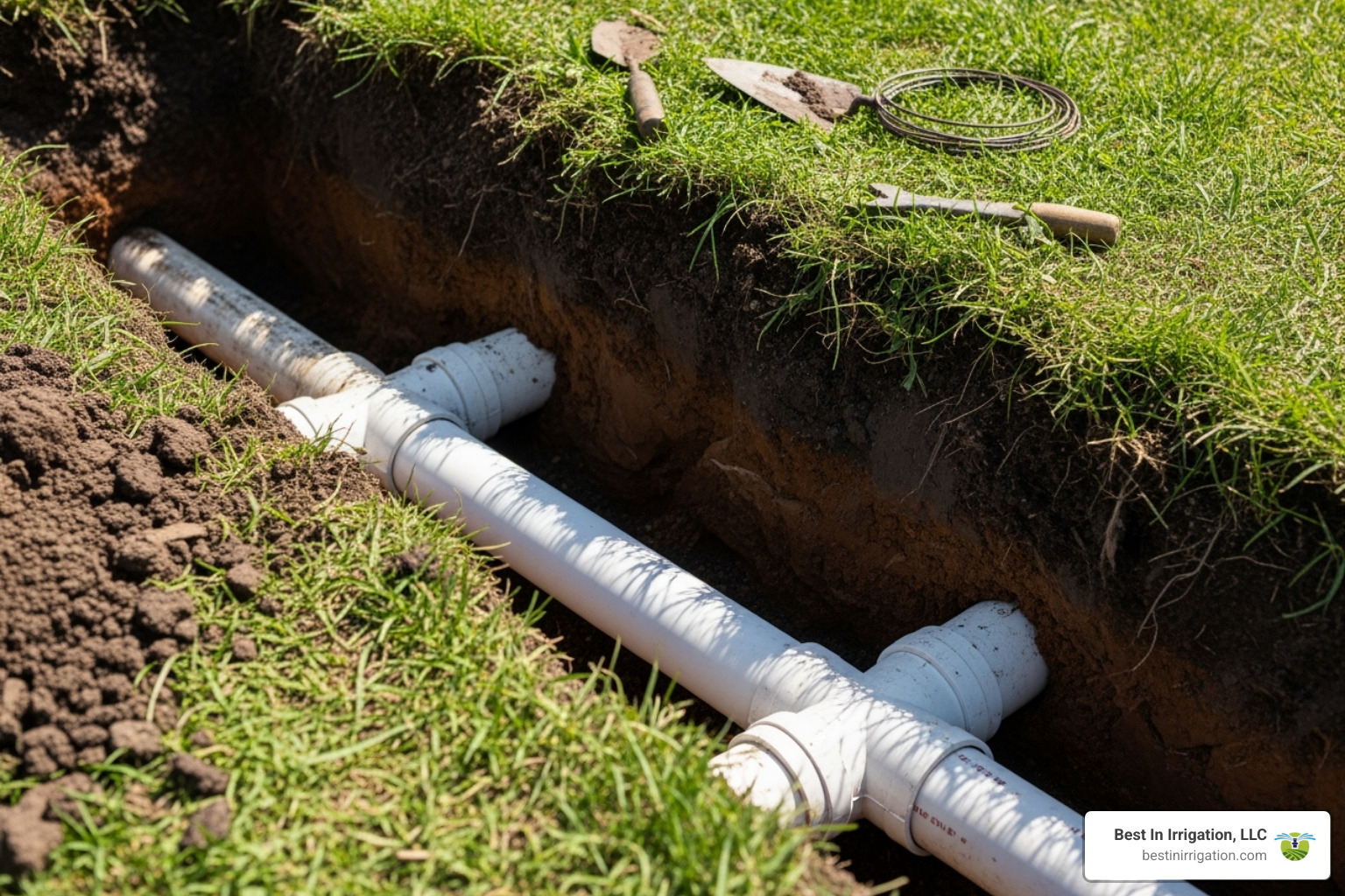 repaired section of underground PVC irrigation pipe - yard sprinkler repair
