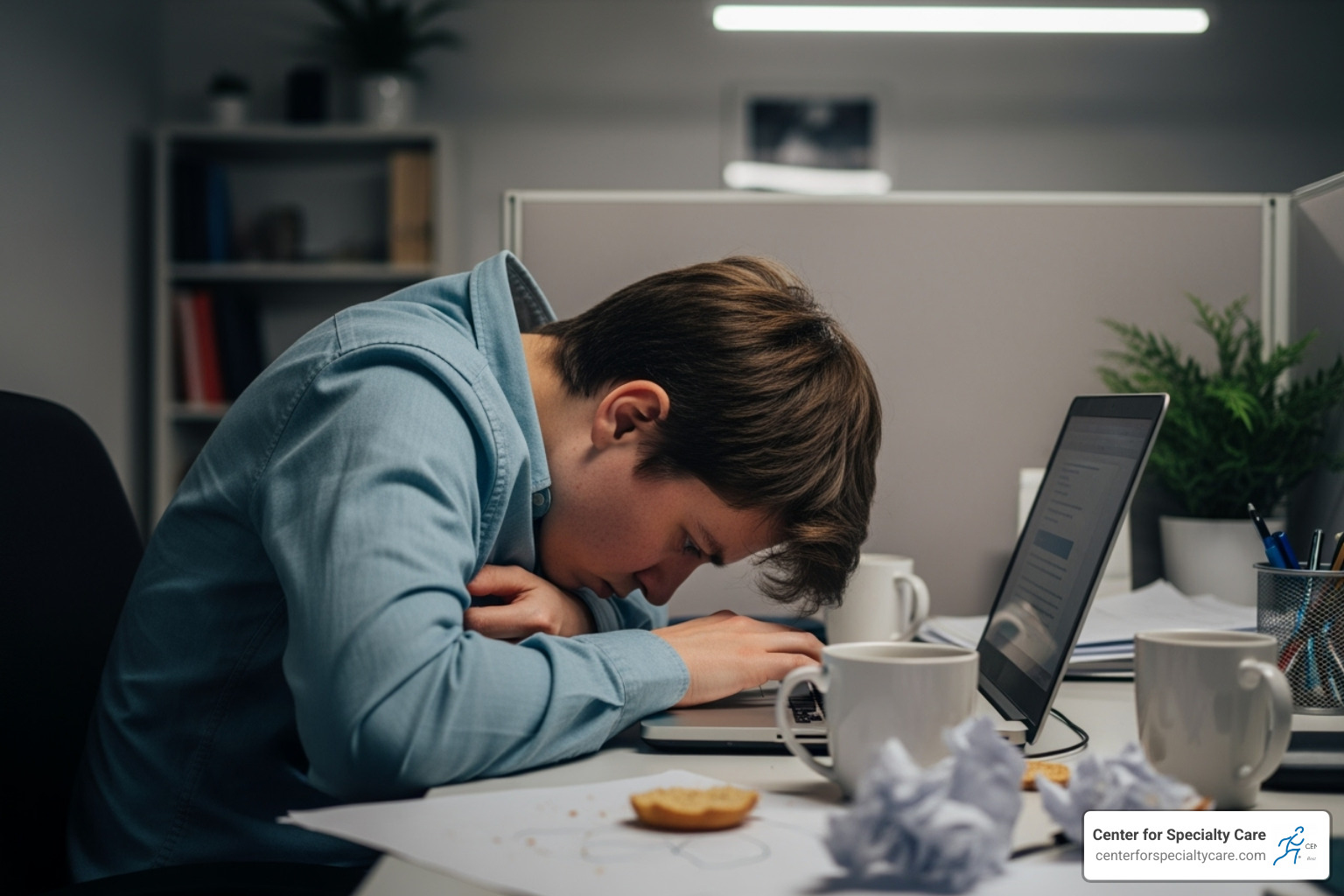 person with poor posture working at a desk - scapula pain person with poor posture working at a desk - scapula pain