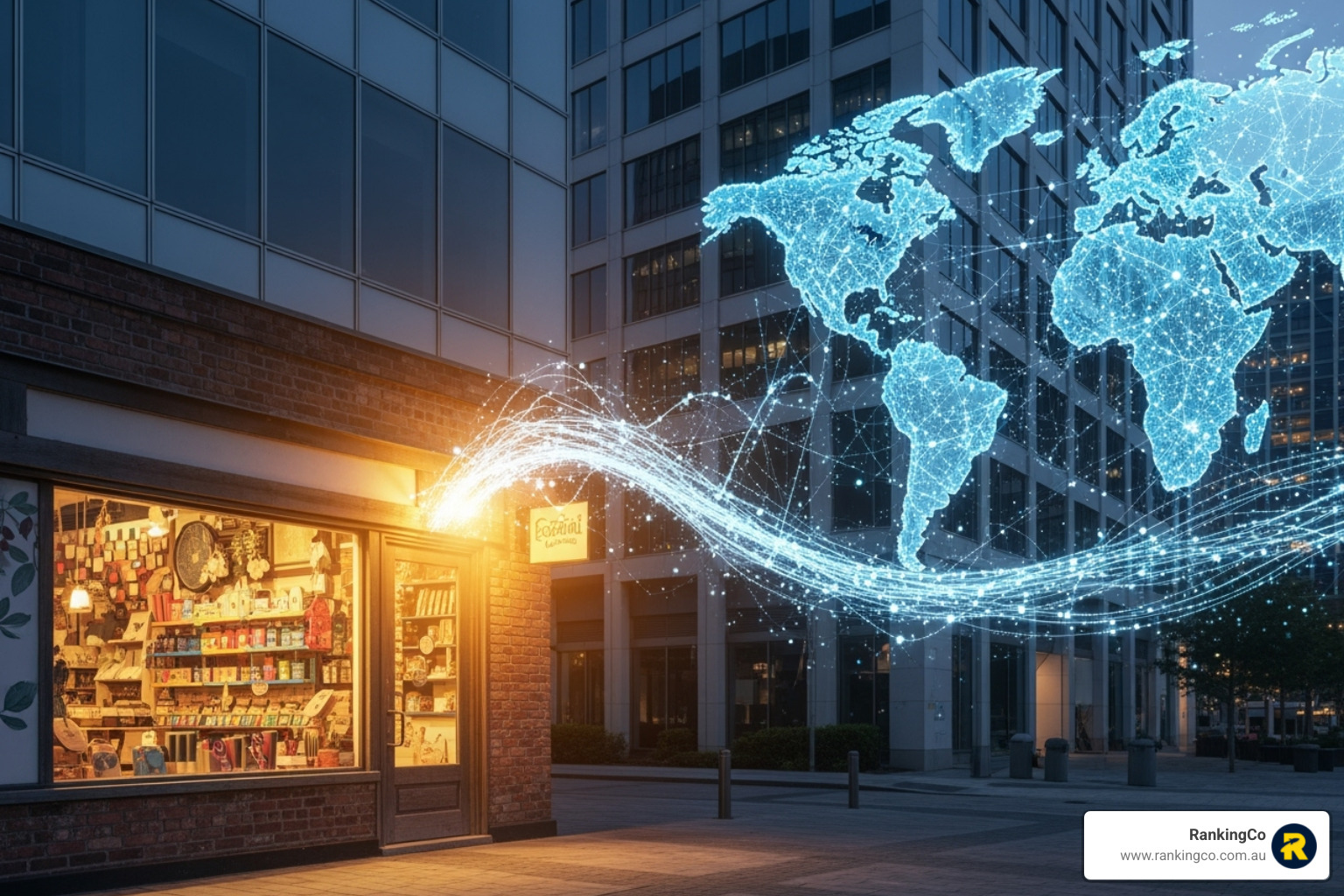 small local shopfront next to a large corporate building, with a digital bridge connecting the small shop to a global map - advertising companies for small businesses