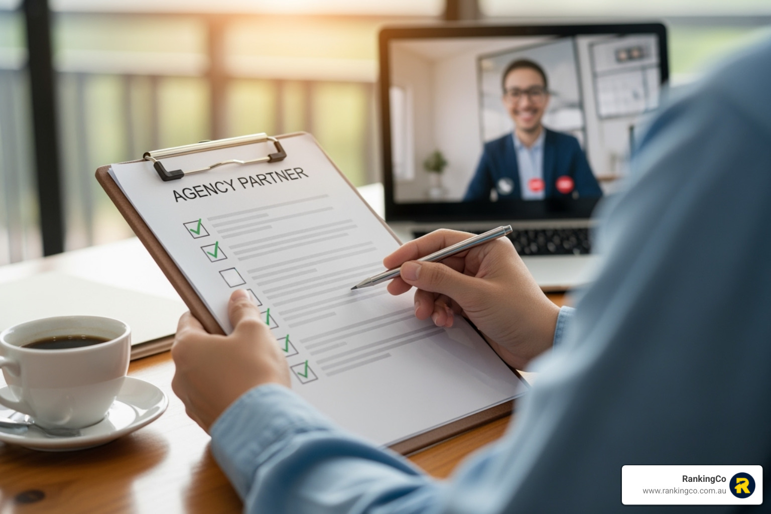 person reviewing a checklist while on a video call with a potential agency partner - advertising companies for small businesses