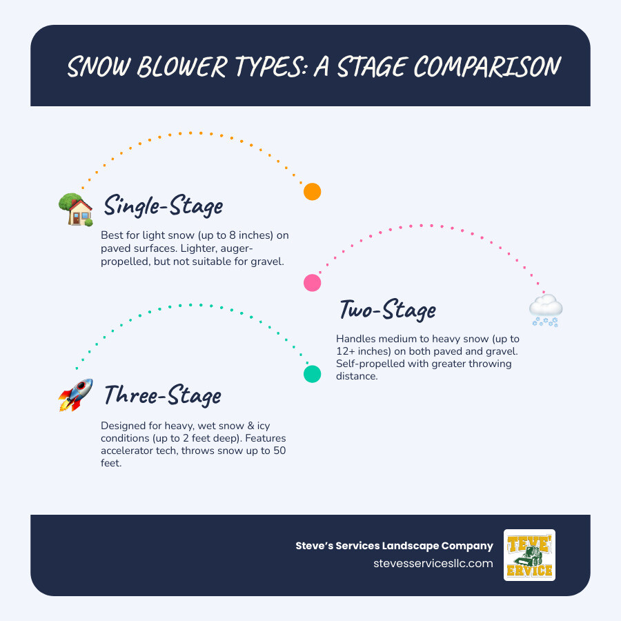 Detailed comparison infographic showing single-stage, two-stage, and three-stage snow blowers with their clearing widths, snow depth capabilities, surface compatibility, and throwing distances - snow removal blower infographic infographic-line-3-steps-blues-accent_colors Detailed comparison infographic showing single-stage, two-stage, and three-stage snow blowers with their clearing widths, snow depth capabilities, surface compatibility, and throwing distances - snow removal blower infographic infographic-line-3-steps-blues-accent_colors