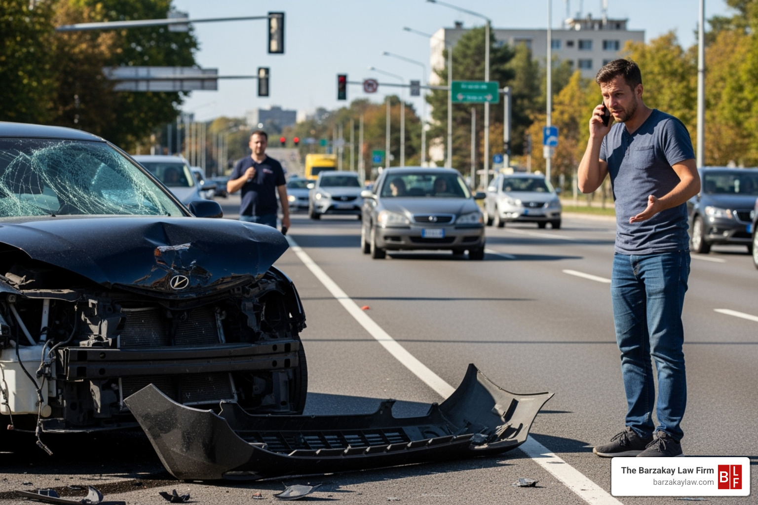 person on the phone by the side of the road next to a damaged car - lyft car accident