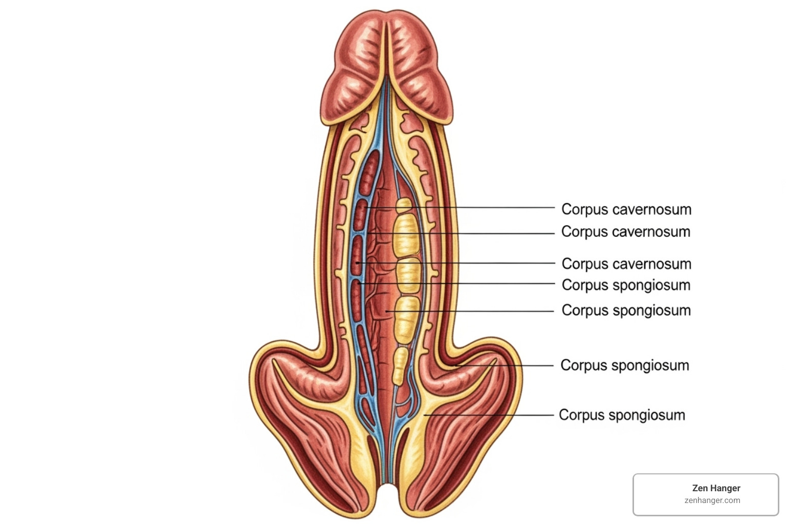 A clinical diagram showing the different layers of the penis and where girth measurements are typically taken, highlighting the corpus cavernosum and corpus spongiosum - Girth improvement before after