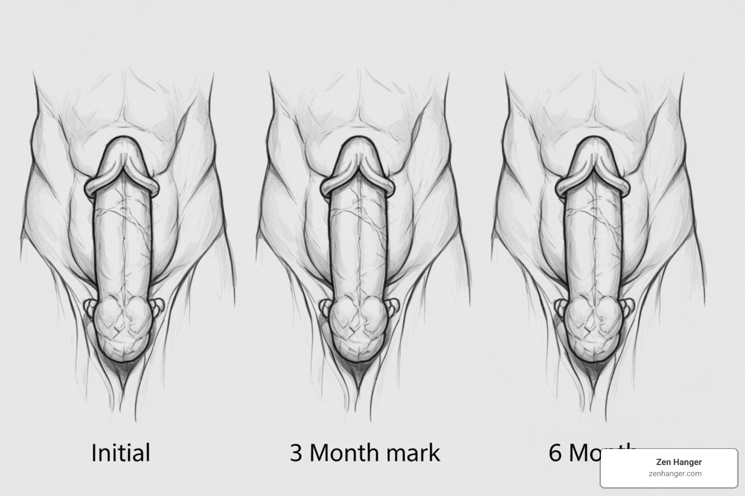 An illustration showing a realistic progress timeline using a Zen Hanger device over several months, with incremental girth increases depicted at 1-month, 3-month, and 6-month intervals - Girth improvement before after