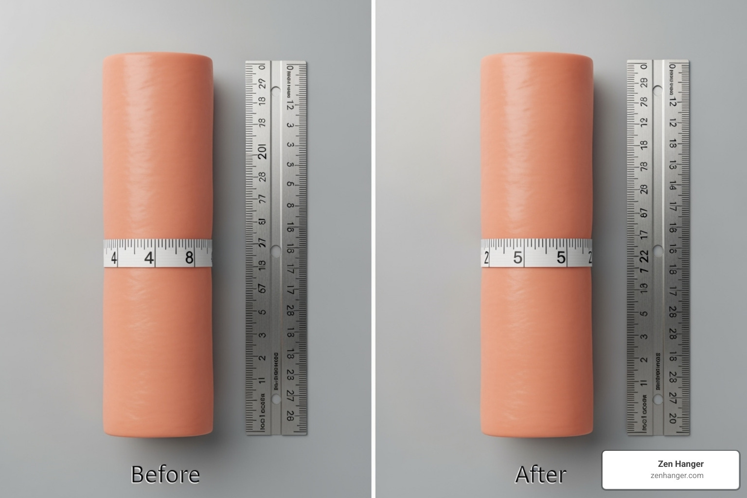 A verified before and after result using a penis extender or hanger device, presented clinically with measurements and a neutral background - Girth improvement before after