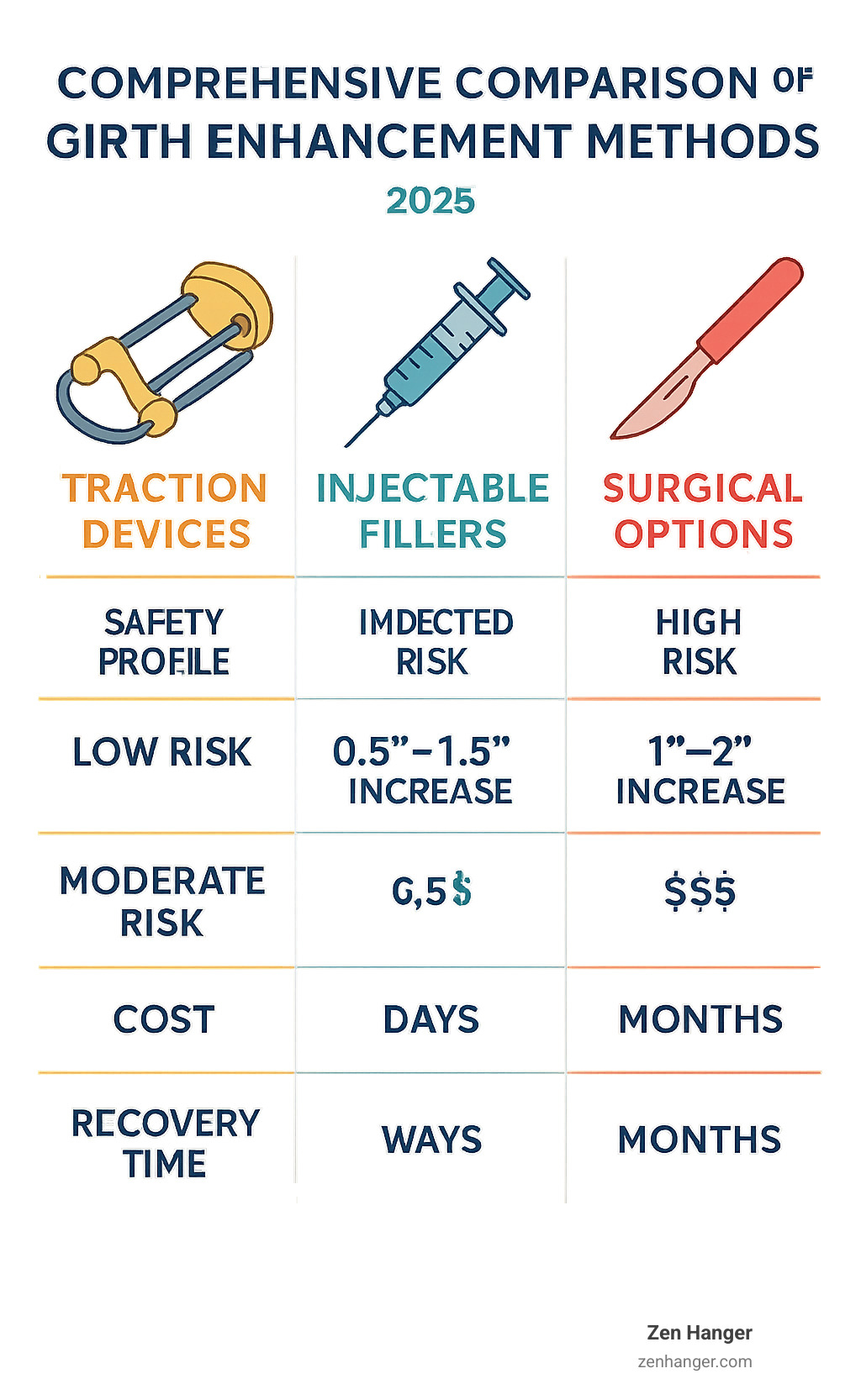 Comprehensive comparison of girth improvement methods showing traction devices, injectable fillers, and surgical options with their respective safety profiles, expected results, costs, and recovery times - Girth improvement before after infographic 