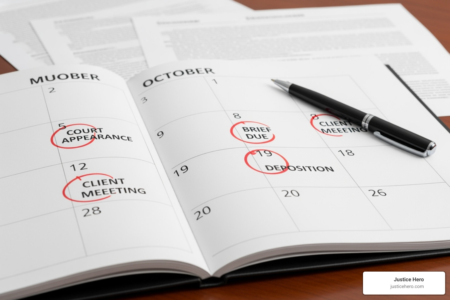 A calendar with various legal dates circled in red - how long will cpap lawsuit take