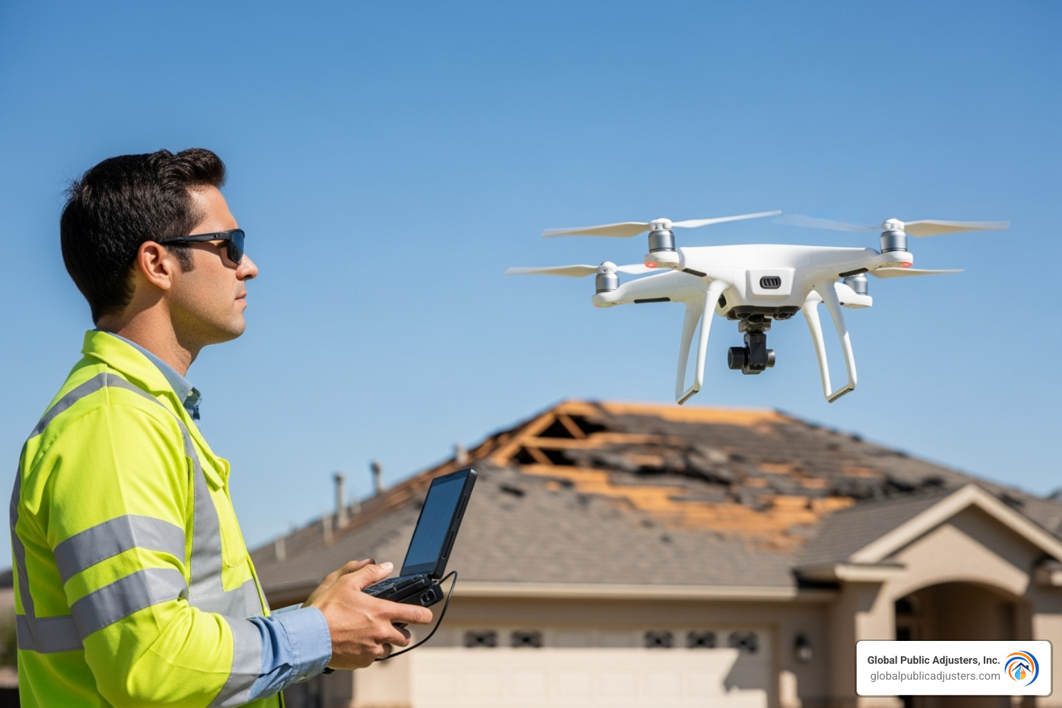 adjuster using a drone to inspect a roof - independent insurance adjuster companies
