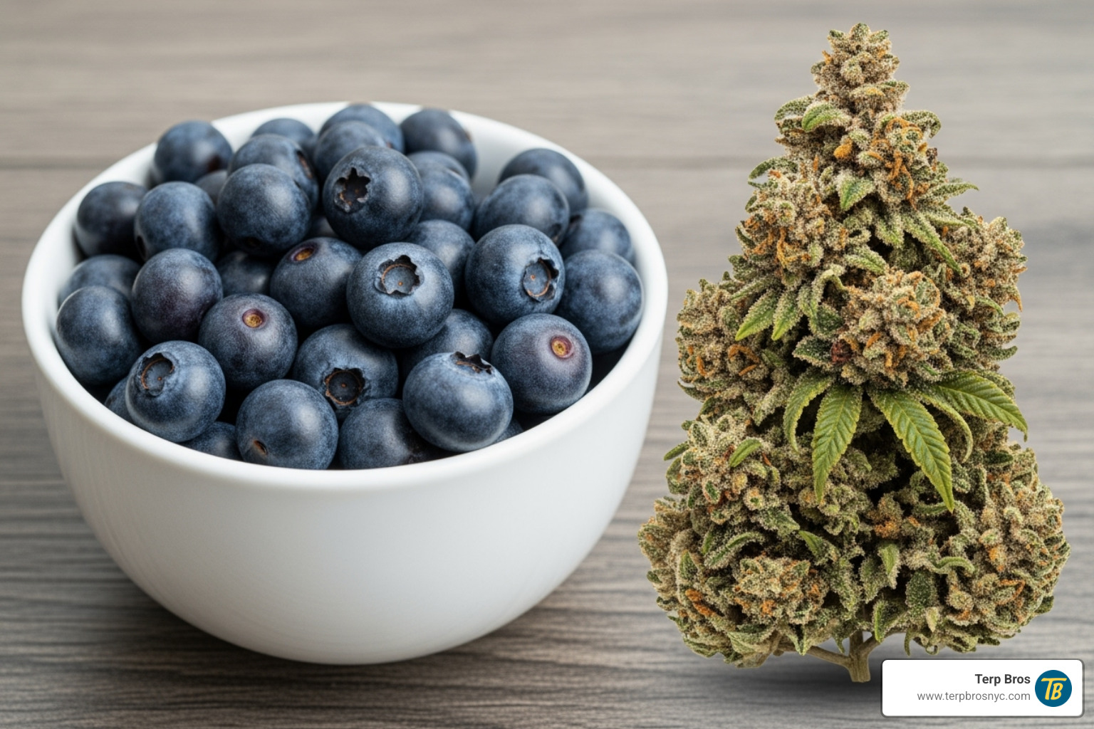 A bowl of fresh blueberries next to a Blueberry Kush flower to highlight the aroma profile - blueberry kush indica or sativa