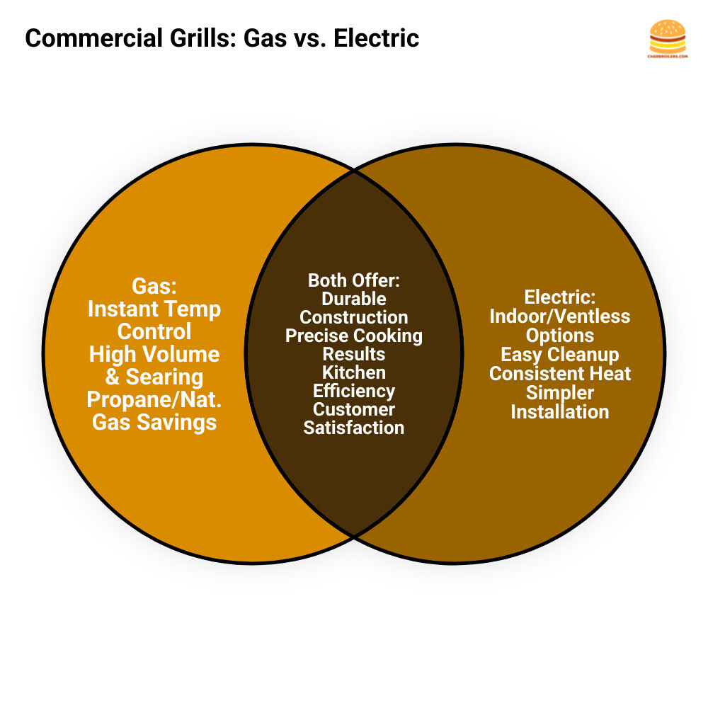 Comprehensive comparison chart showing gas vs electric commercial grills with key features, BTU ratings, installation requirements, operating costs, and best use cases for different restaurant types - commercial gas grill for sale infographic venn_diagram