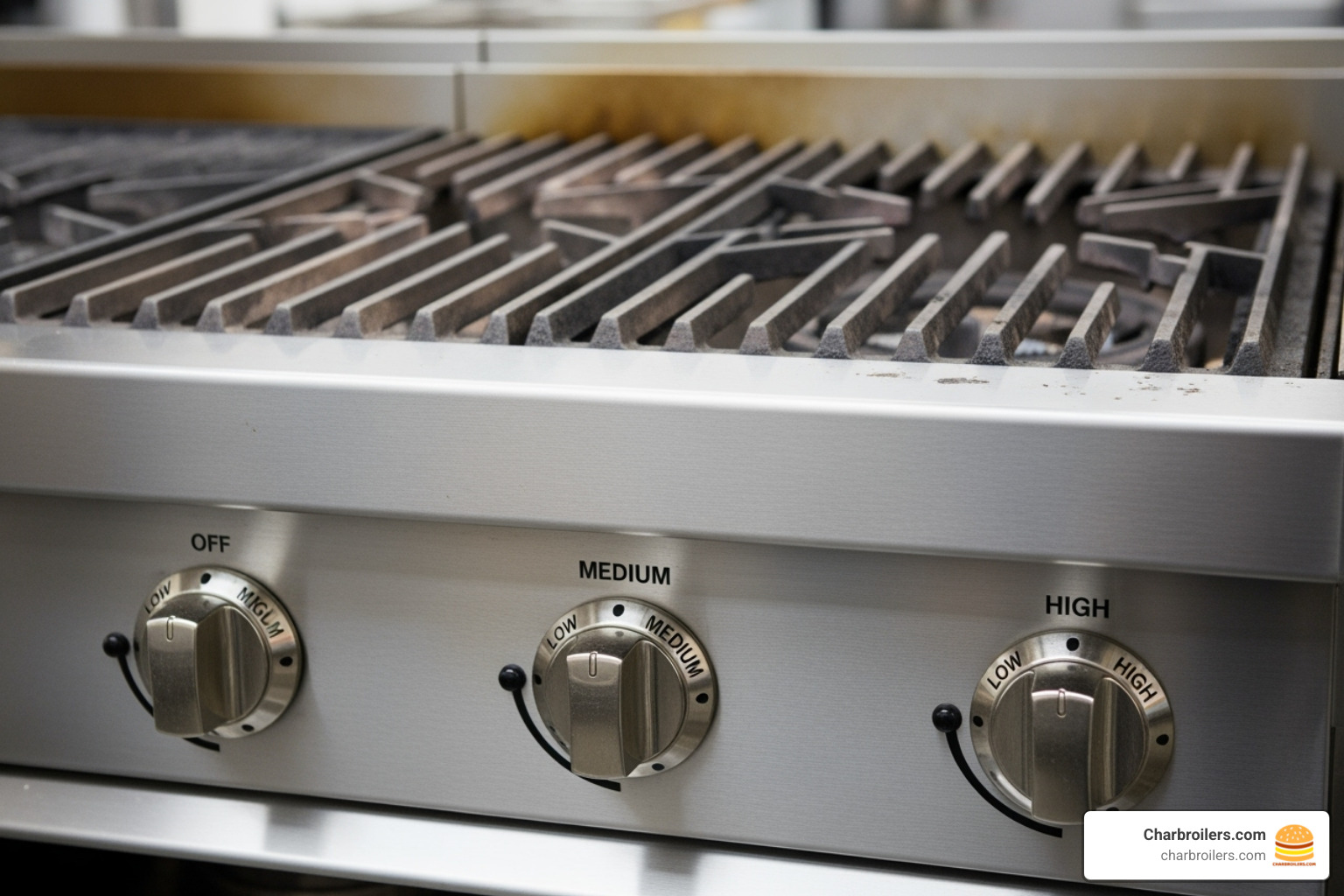 stainless steel commercial grill highlighting its burners and knobs - commercial gas grill for sale