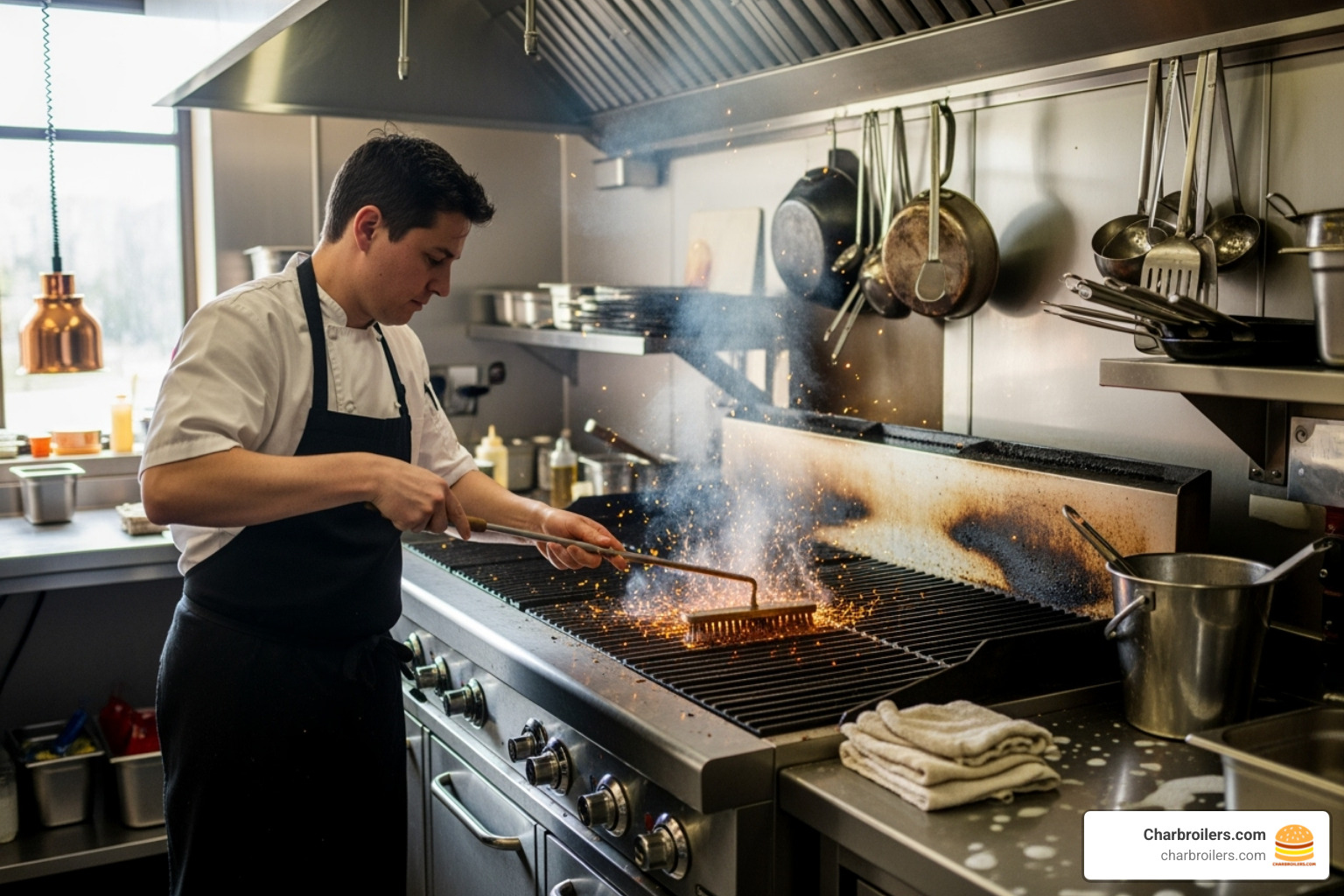 person cleaning a commercial grill grate with a wire brush - commercial gas grill for sale