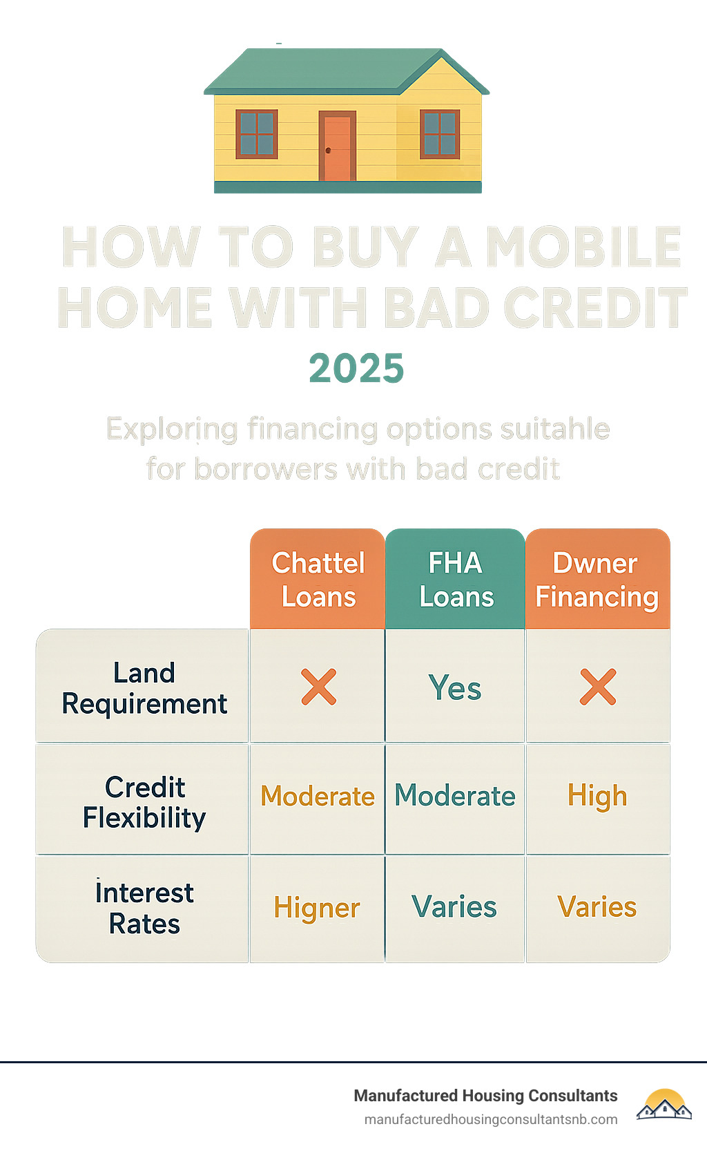 Table comparing Chattel Loans, FHA Loans, and Owner Financing for mobile homes on key factors like land requirement, credit flexibility, and interest rates, highlighting their suitability for borrowers with bad credit - how to buy a mobile home with bad credit infographic 