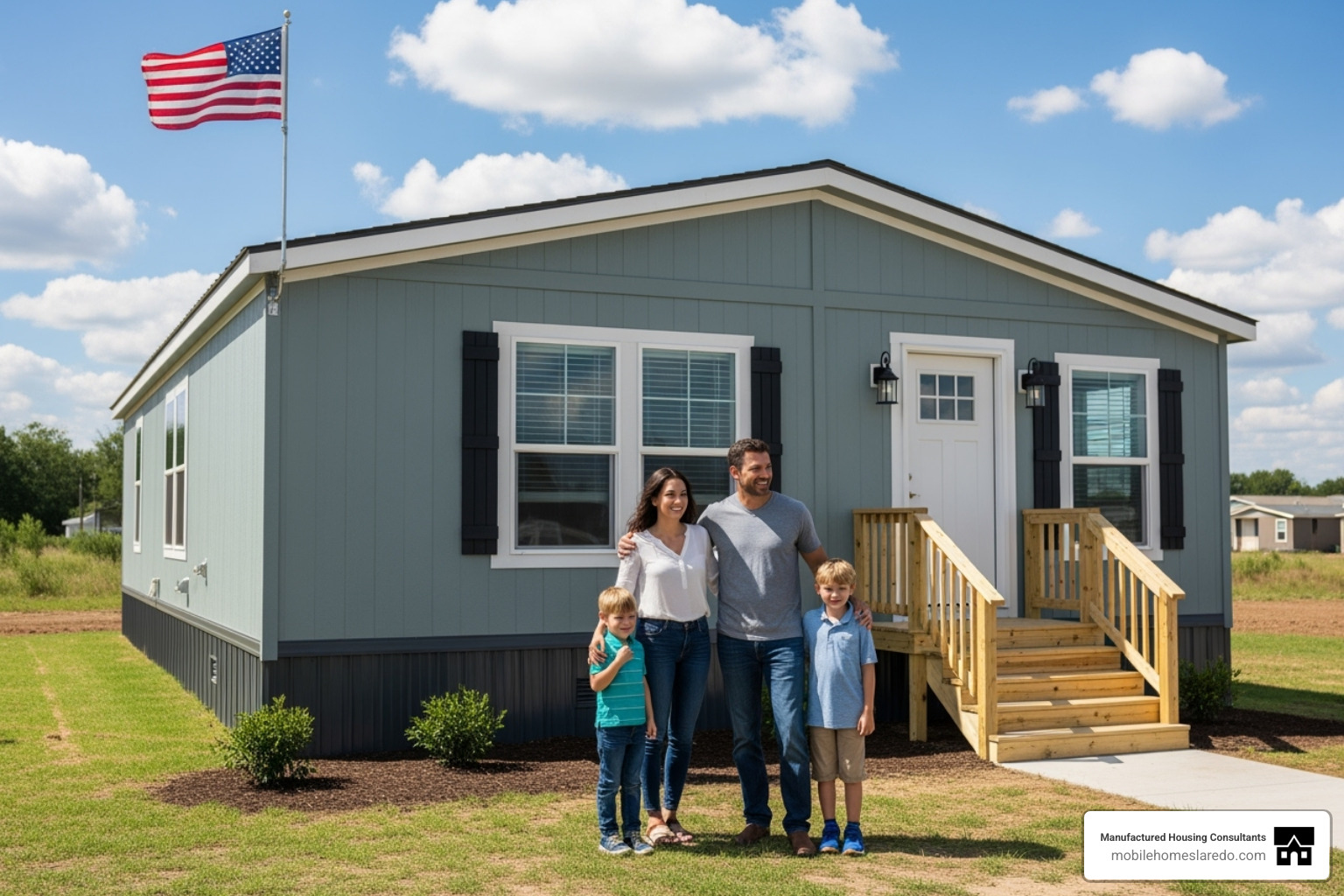 Happy family in front of new mobile home - how much to buy a brand new mobile home Happy family in front of new mobile home - how much to buy a brand new mobile home