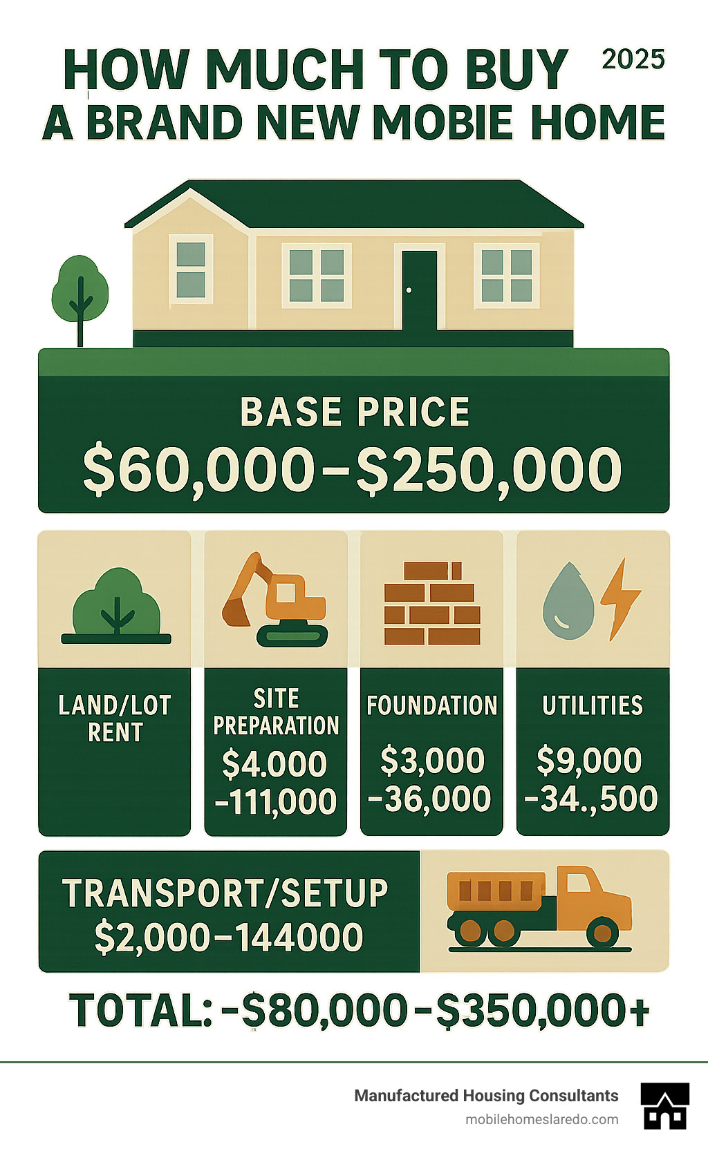 Infographic showing breakdown of brand new mobile home costs including base price of $60,000-$250,000 for the home, plus additional costs for land/lot rent, site preparation $4,000-$11,000, foundation $3,000-$36,000, utilities $9,000-$34,500, and transport/setup $2,000-$14,000, with total all-in costs ranging from approximately $80,000 to over $350,000 depending on home size and site requirements - how much to buy a brand new mobile home infographic  Infographic showing breakdown of brand new mobile home costs including base price of $60,000-$250,000 for the home, plus additional costs for land/lot rent, site preparation $4,000-$11,000, foundation $3,000-$36,000, utilities $9,000-$34,500, and transport/setup $2,000-$14,000, with total all-in costs ranging from approximately $80,000 to over $350,000 depending on home size and site requirements - how much to buy a brand new mobile home infographic