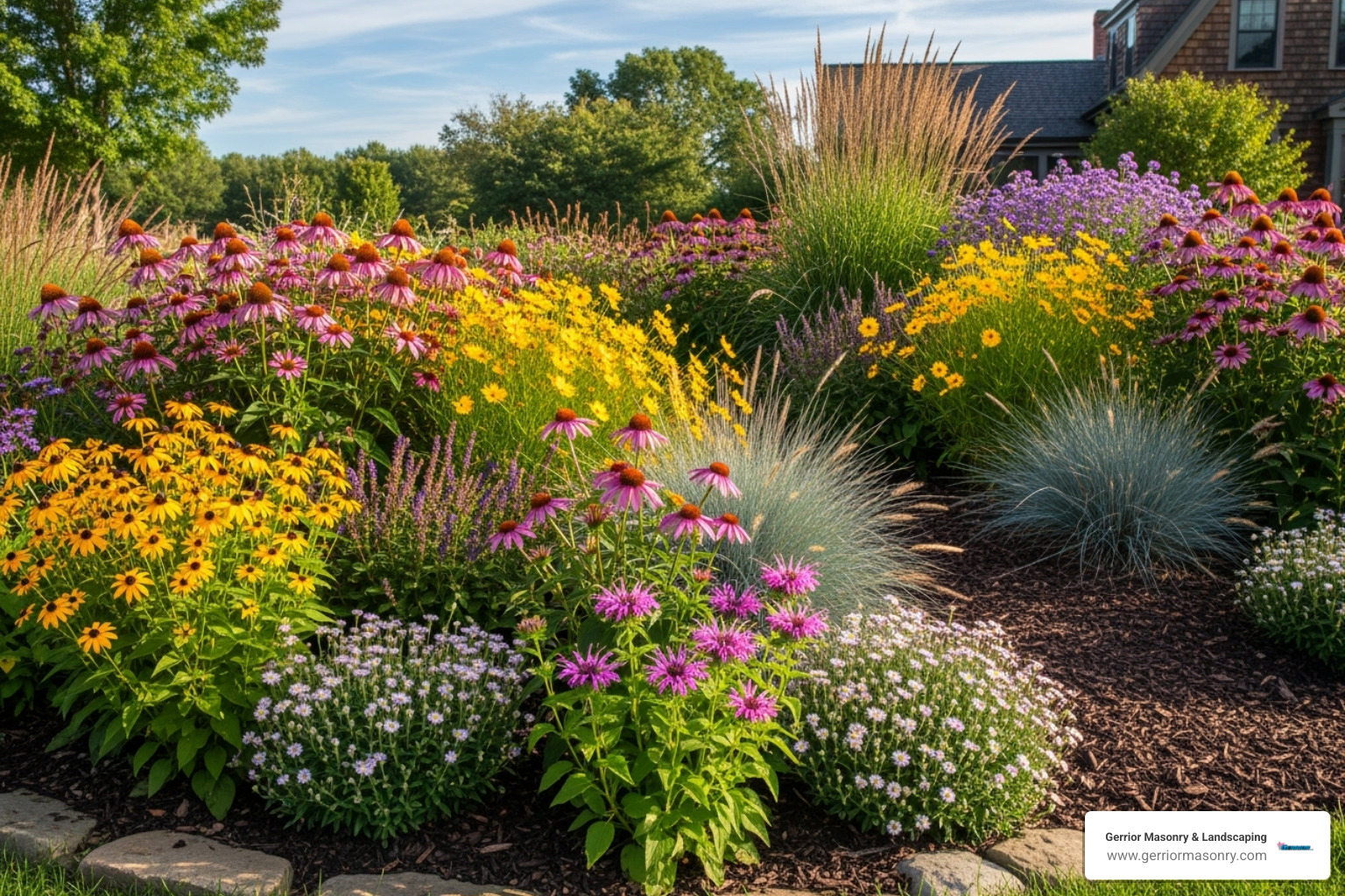 Image of a garden bed with native perennials and ornamental grasses - easy landscape