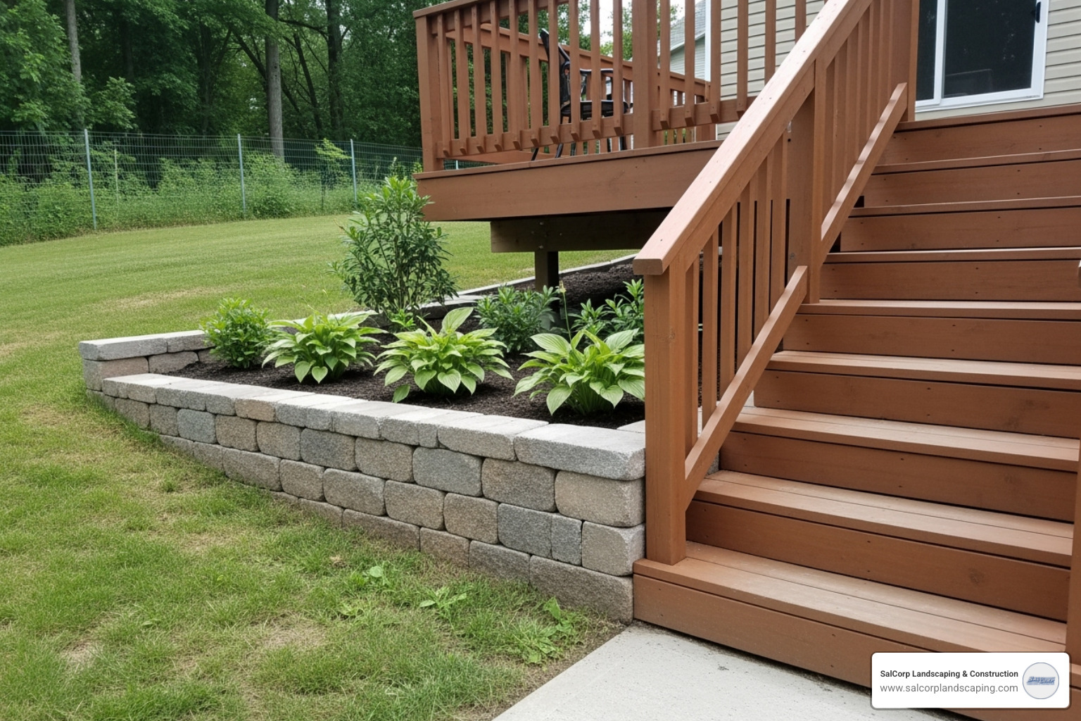 small, attractive retaining wall creating a level planting area beside a set of deck stairs on a slope - landscape around deck stairs