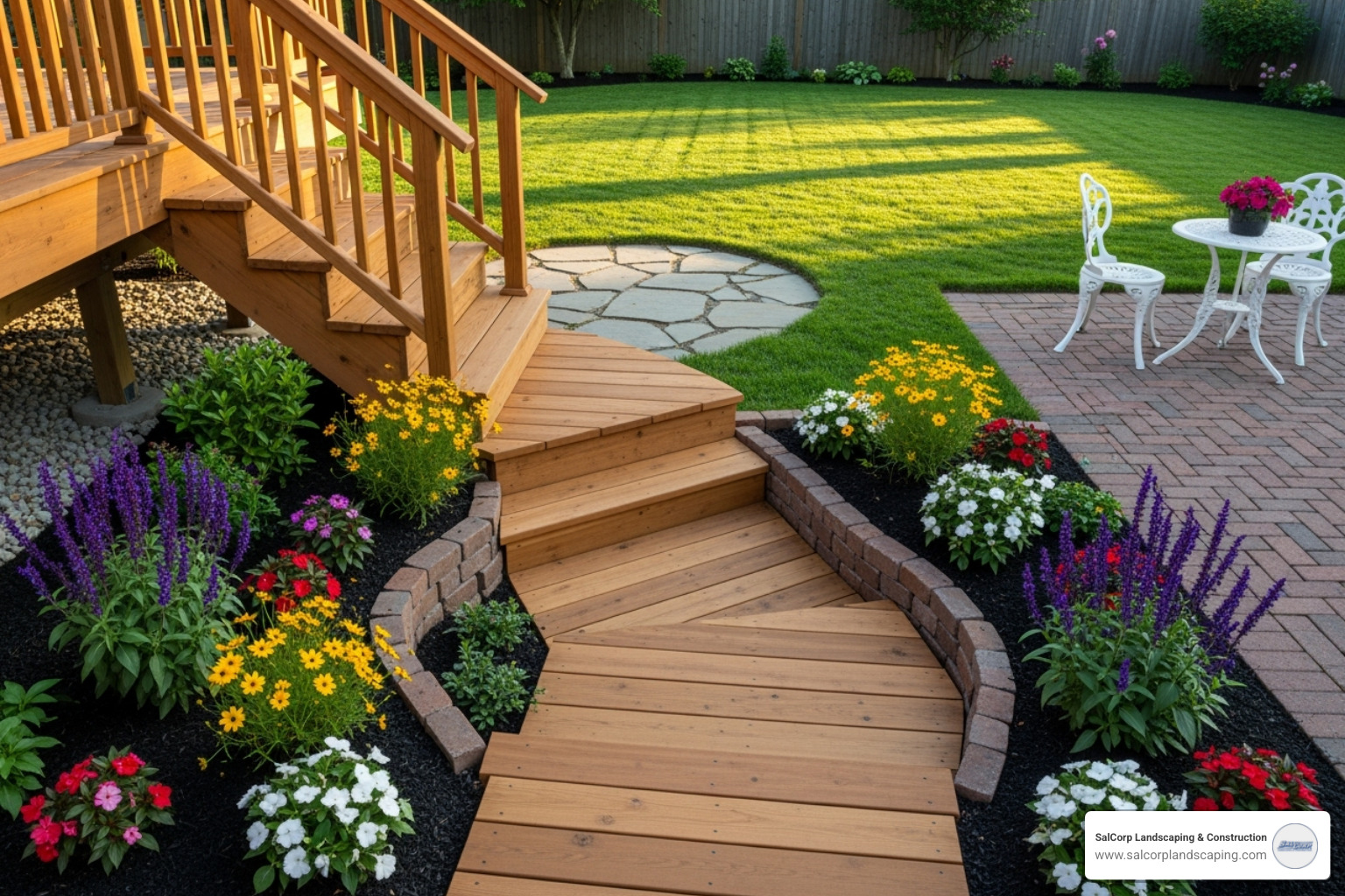 curved landscaping beds that blend the deck stairs smoothly into the surrounding lawn and patio area - landscape around deck stairs