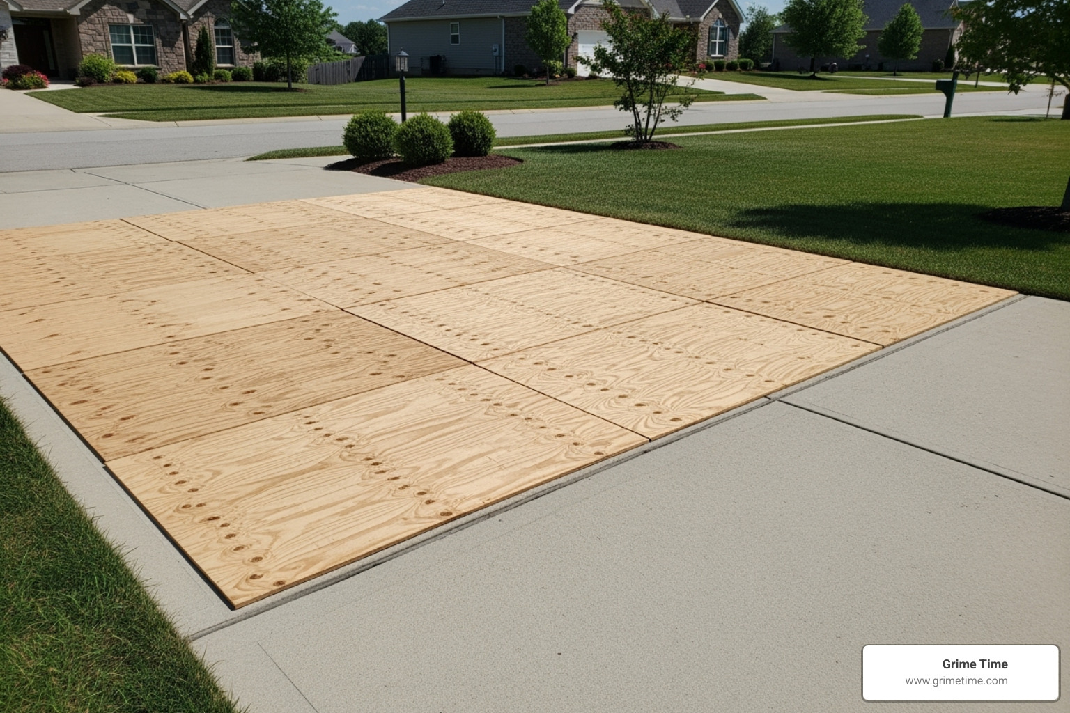 clear driveway with plywood laid down, ready for a dumpster - dumpsters for hire