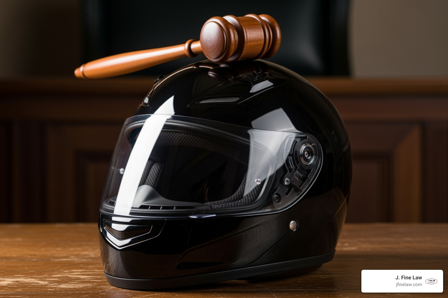 A gavel resting on a motorcycle helmet, symbolizing the intersection of law and motorcycle safety - cherry hill motorcycle accident attorney