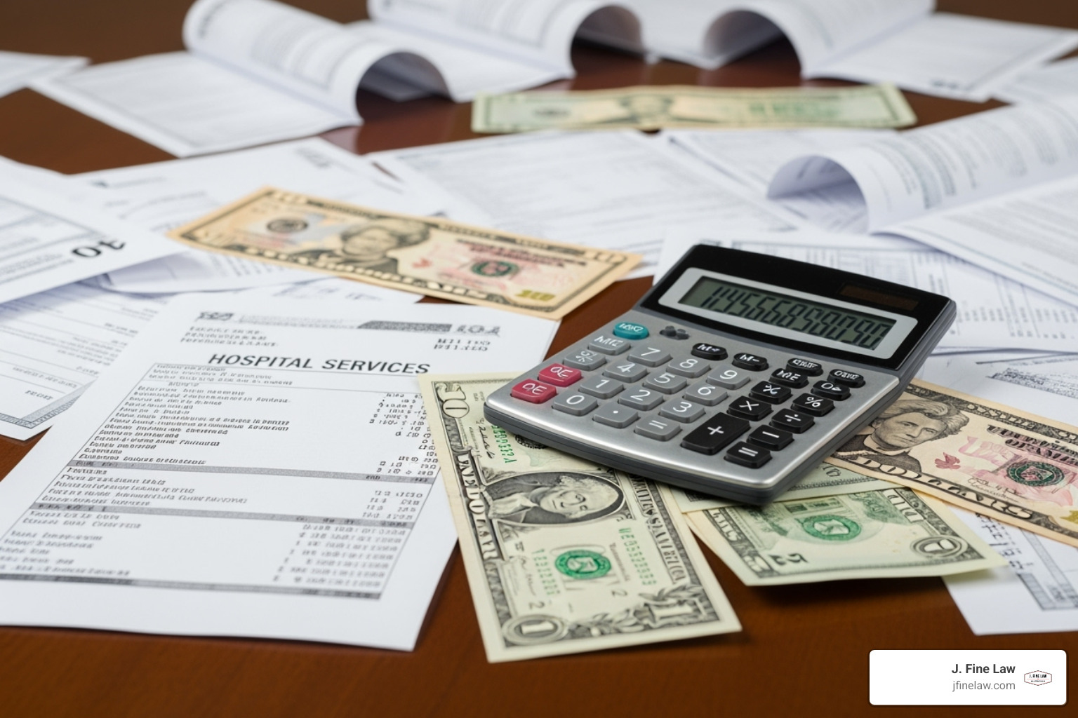 An image illustrating financial recovery, with medical bills, a calculator, and money - cherry hill motorcycle accident attorney
