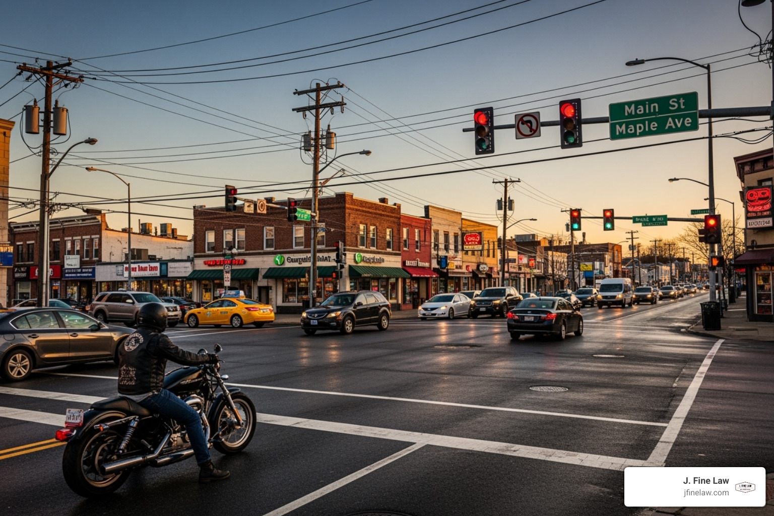 A busy intersection in Cherry Hill, like Route 70 or Kings Highway, with cars and a motorcycle - cherry hill motorcycle accident attorney