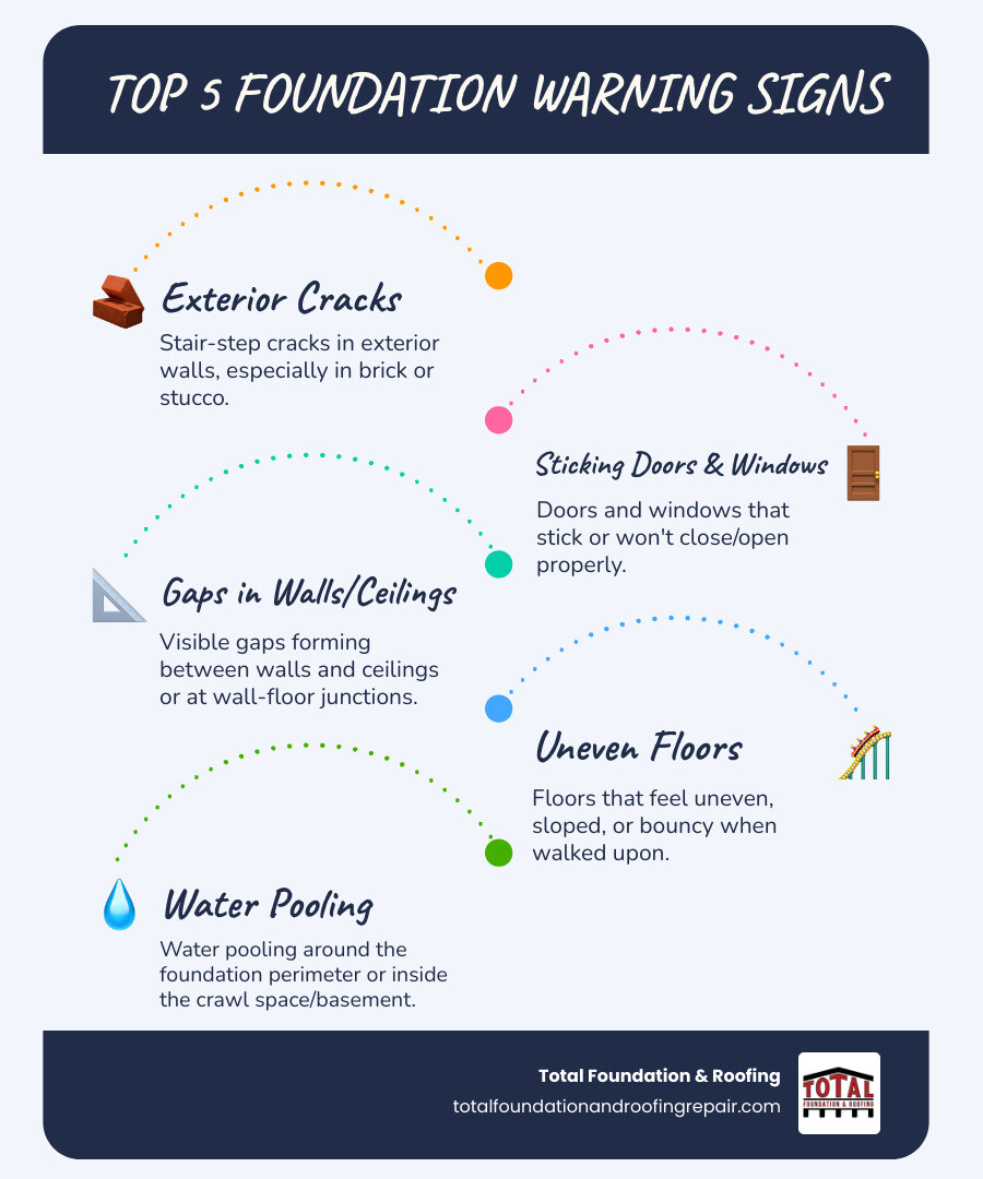 Infographic showing the top 5 warning signs of foundation problems: stair-step cracks in exterior walls, doors and windows that stick or won't close properly, visible gaps between walls and ceilings, uneven or sloping floors, and water pooling around the foundation - foundation specialist infographic infographic-line-5-steps-blues-accent_colors