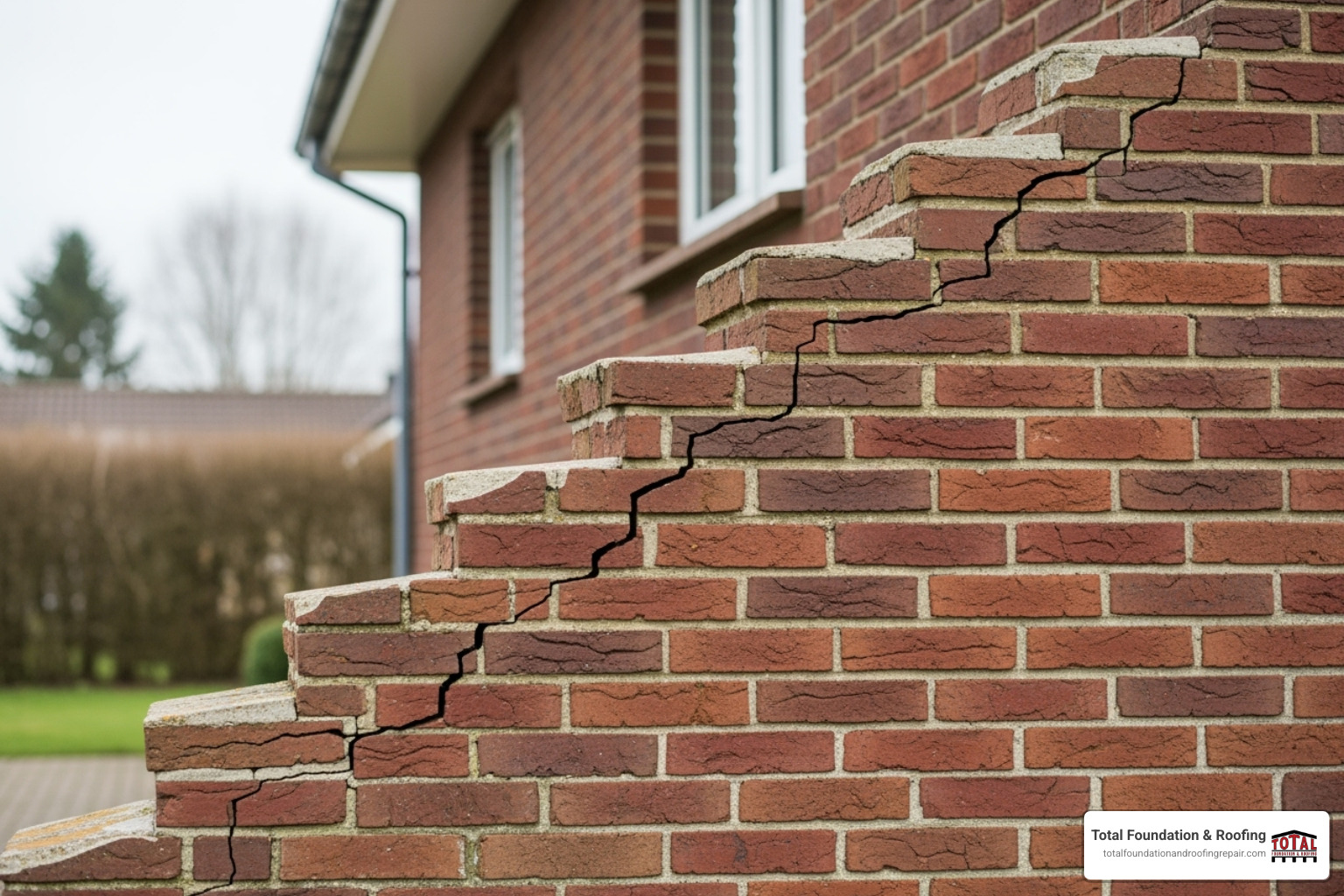 A significant stair-step crack in a brick wall - foundation specialist