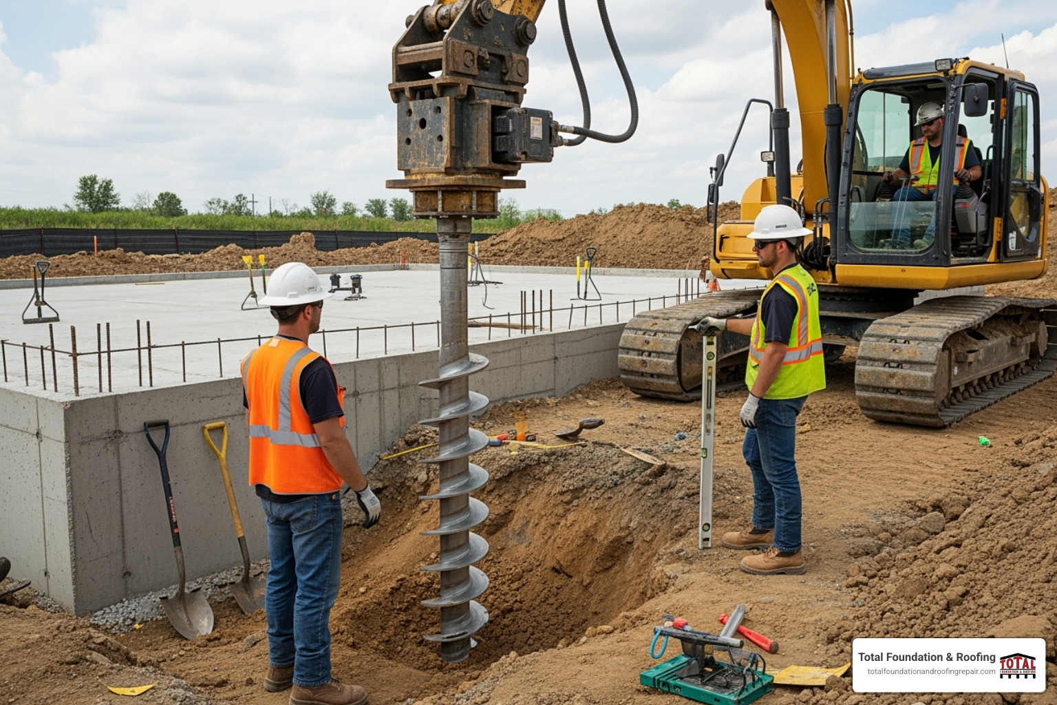 A helical pier installation in progress - foundation specialist