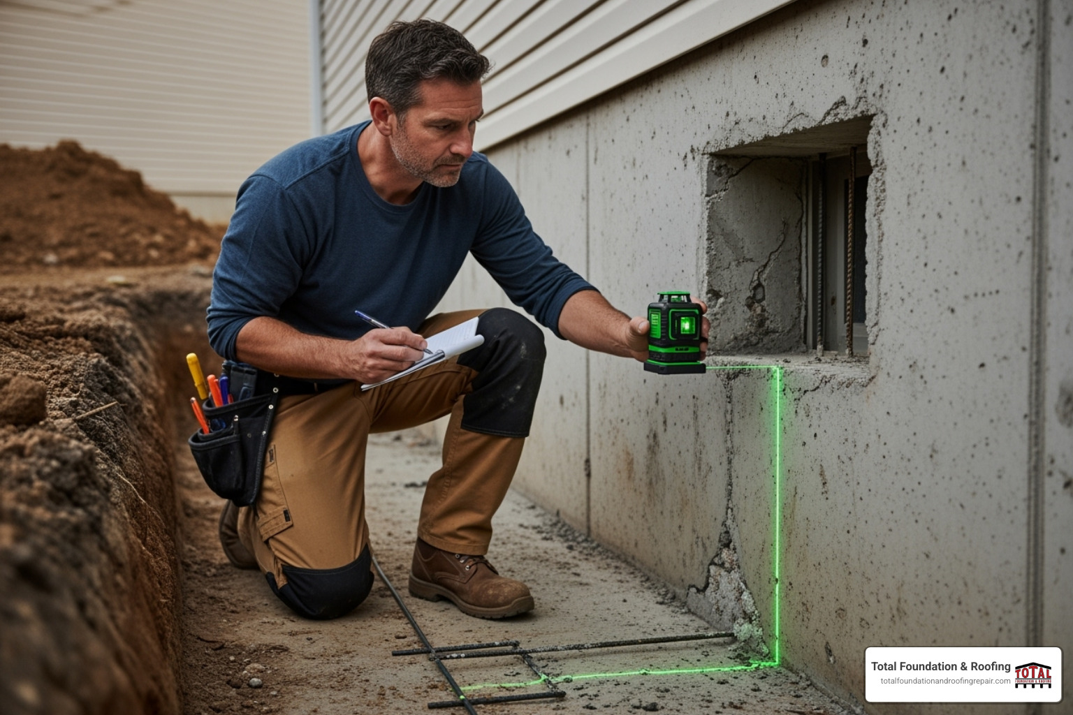 A specialist using a laser level to inspect a foundation - foundation specialist