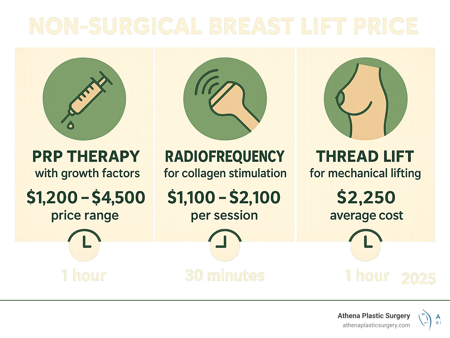 Infographic showing comparison of non-surgical breast lift options including PRP therapy with growth factors, radiofrequency treatments for collagen stimulation, thread lifts for mechanical lifting, and their respective price ranges and treatment durations - non surgical breast lift price infographic 