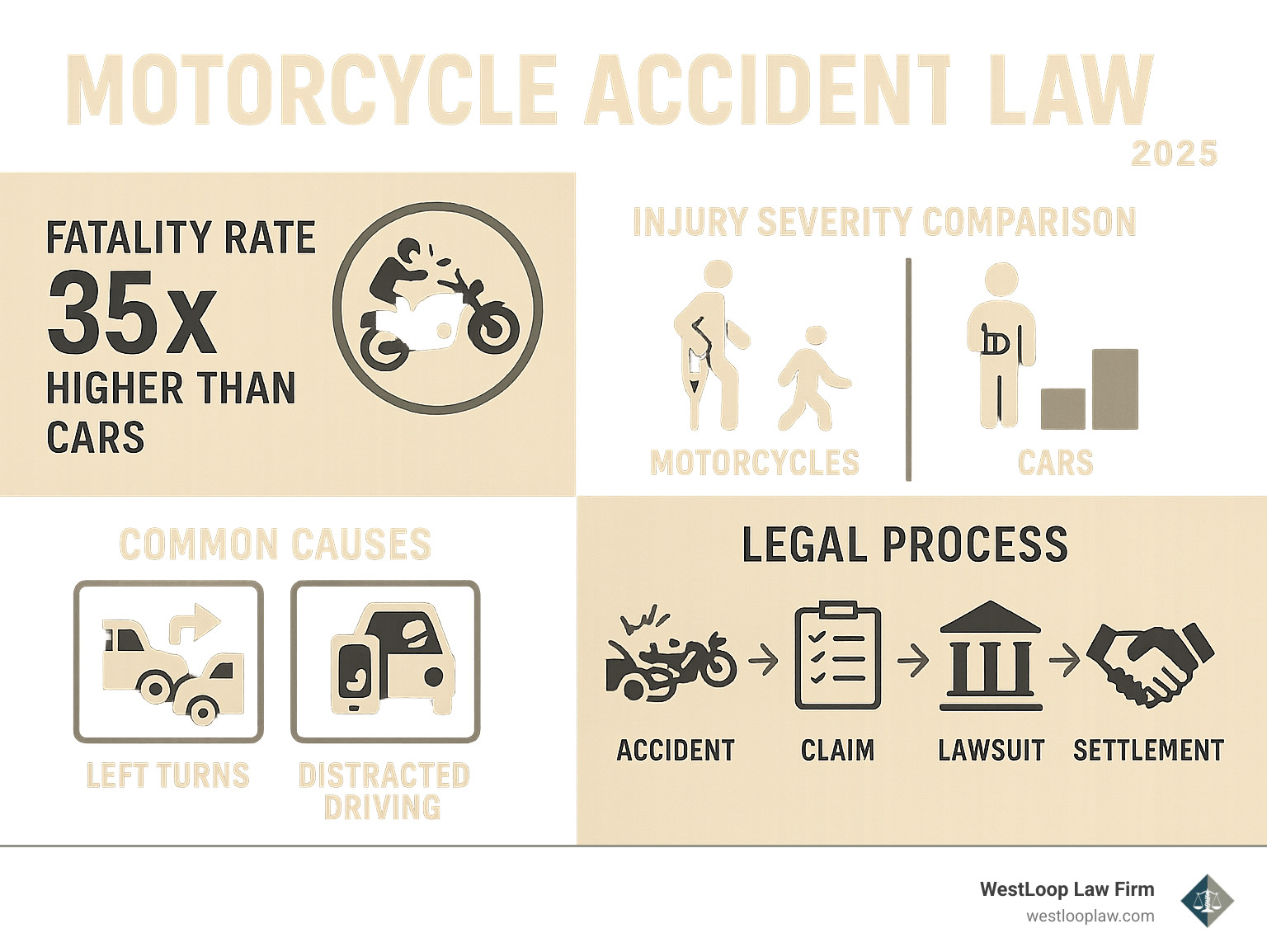 Infographic showing motorcycle accident statistics including fatality rates 35 times higher than cars, injury severity comparisons, common causes like left turns and distracted driving, and the legal process timeline from accident to settlement - motorcycle accident law infographic 