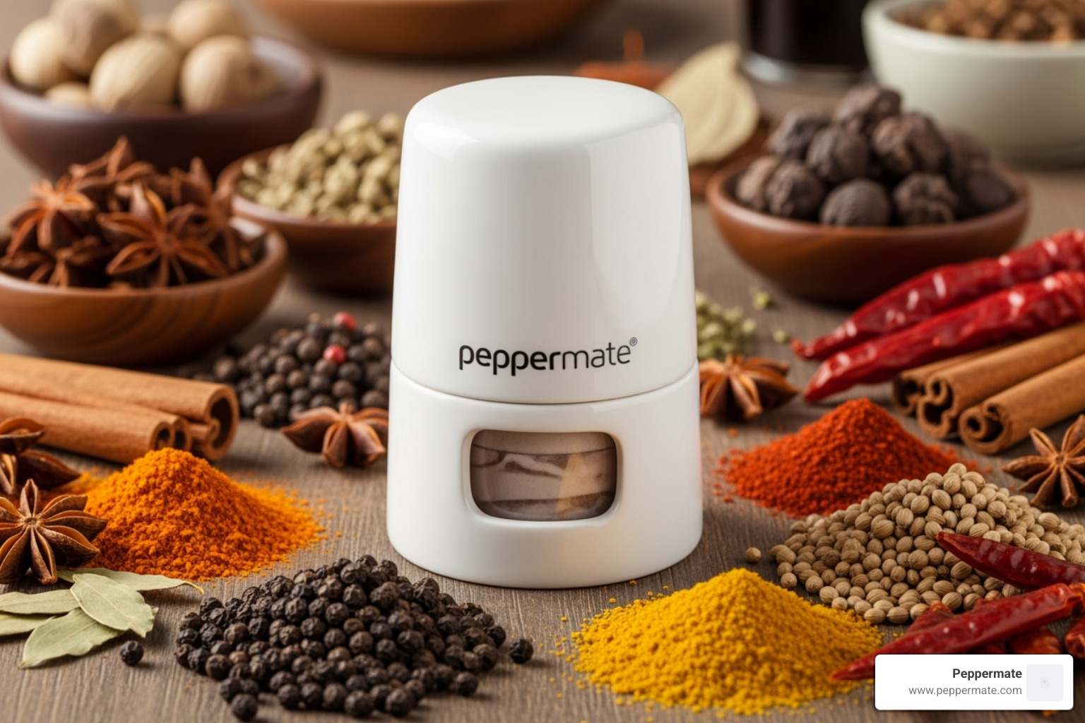 Peppermate grinder surrounded by a variety of spices - ceramic core grinder