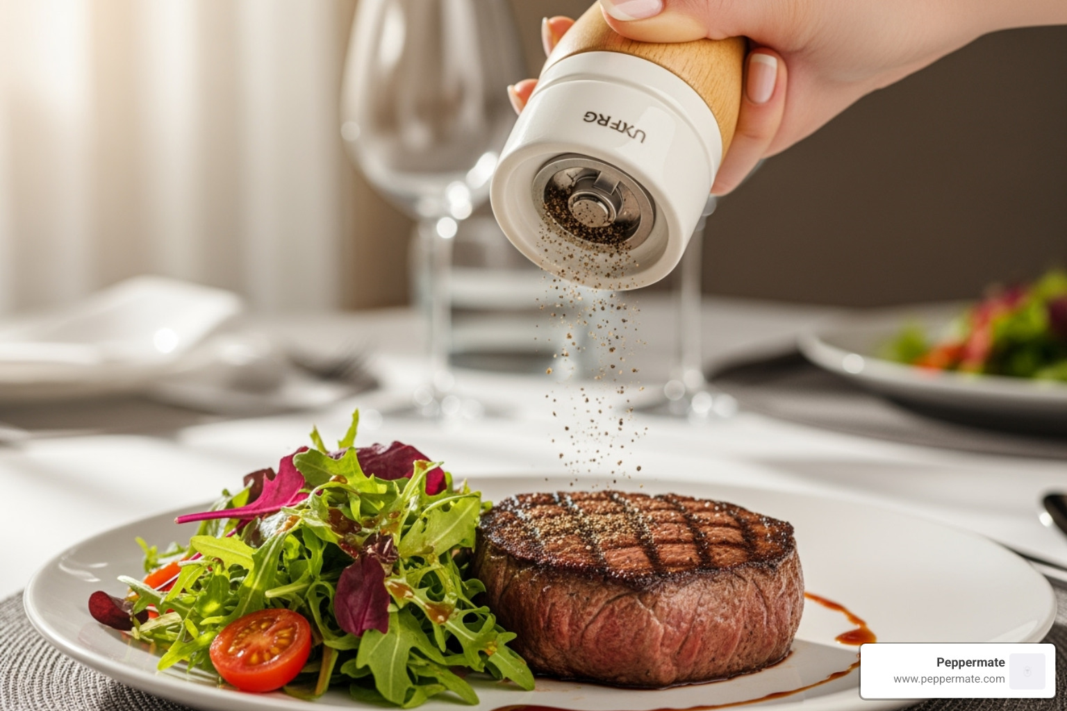 delicious meal being finished with freshly ground pepper - ceramic core grinder